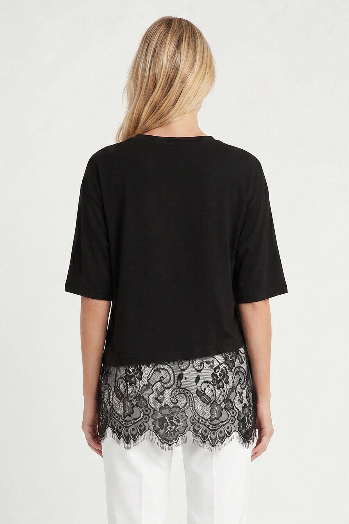 Dantel Detaylı Oversize Örme T-shirt SİYAH LRN0056