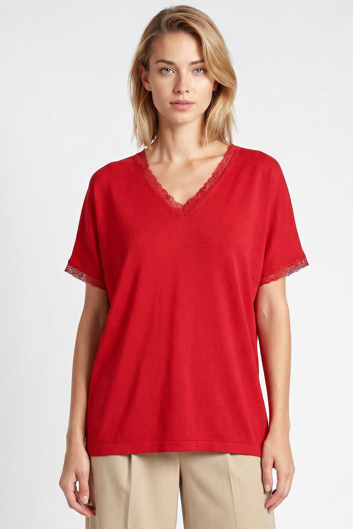 Dantelli Oversize Mevsimlik Triko Bluz KIRMIZI LYY0145