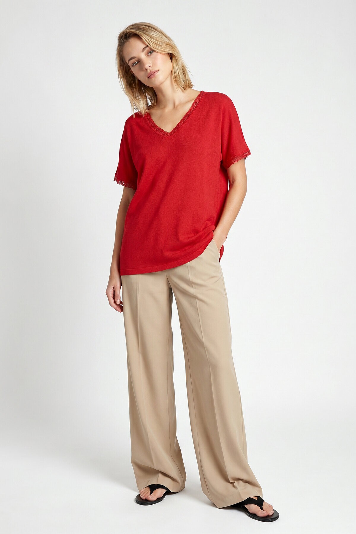 Dantelli Oversize Mevsimlik Triko Bluz KIRMIZI LYY0145