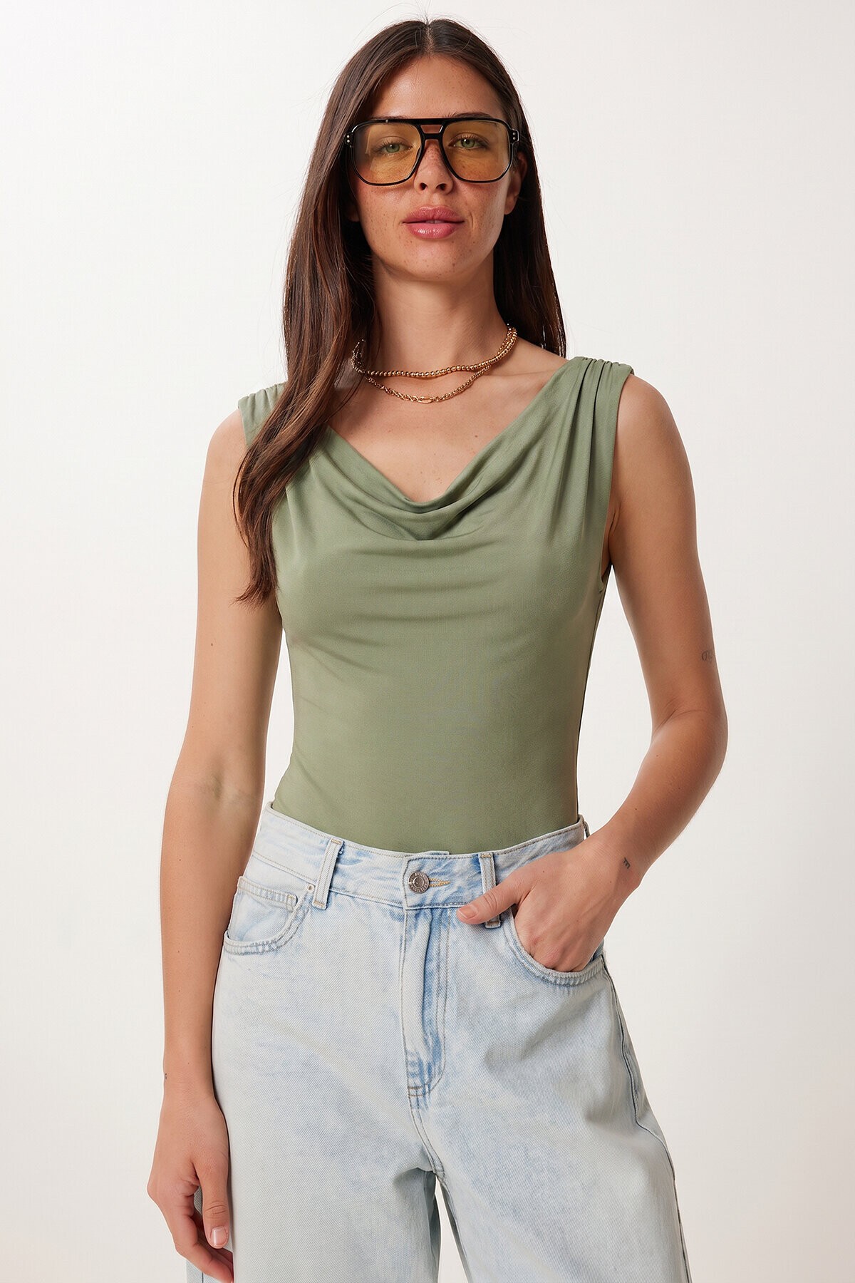 Degaje Yaka Sandy Örme Bluz ÇAĞLA YEŞİLİ LRN0033