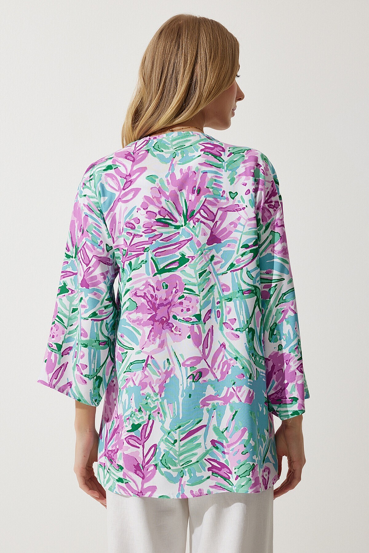 Desenli Viskon Kimono ÇAĞLA YEŞİLİ PEMBE LEN0004