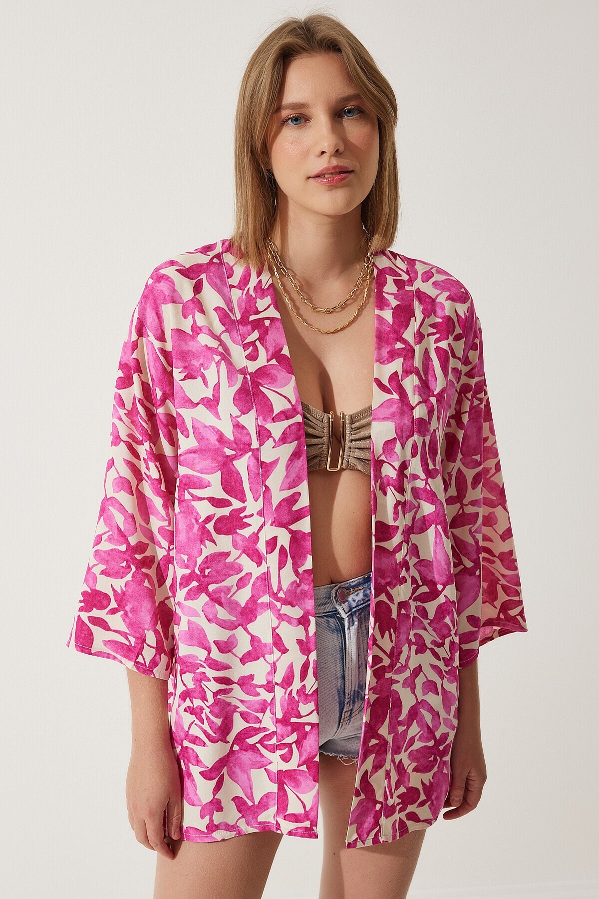 Desenli Viskon Kimono PEMBE EKRU LEN0004