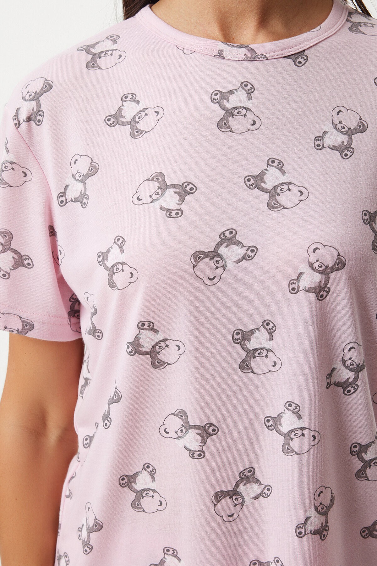 Desenli Viskon Pantolon T-shirt Pijama Takımı AÇIK PEMBE LEC0007