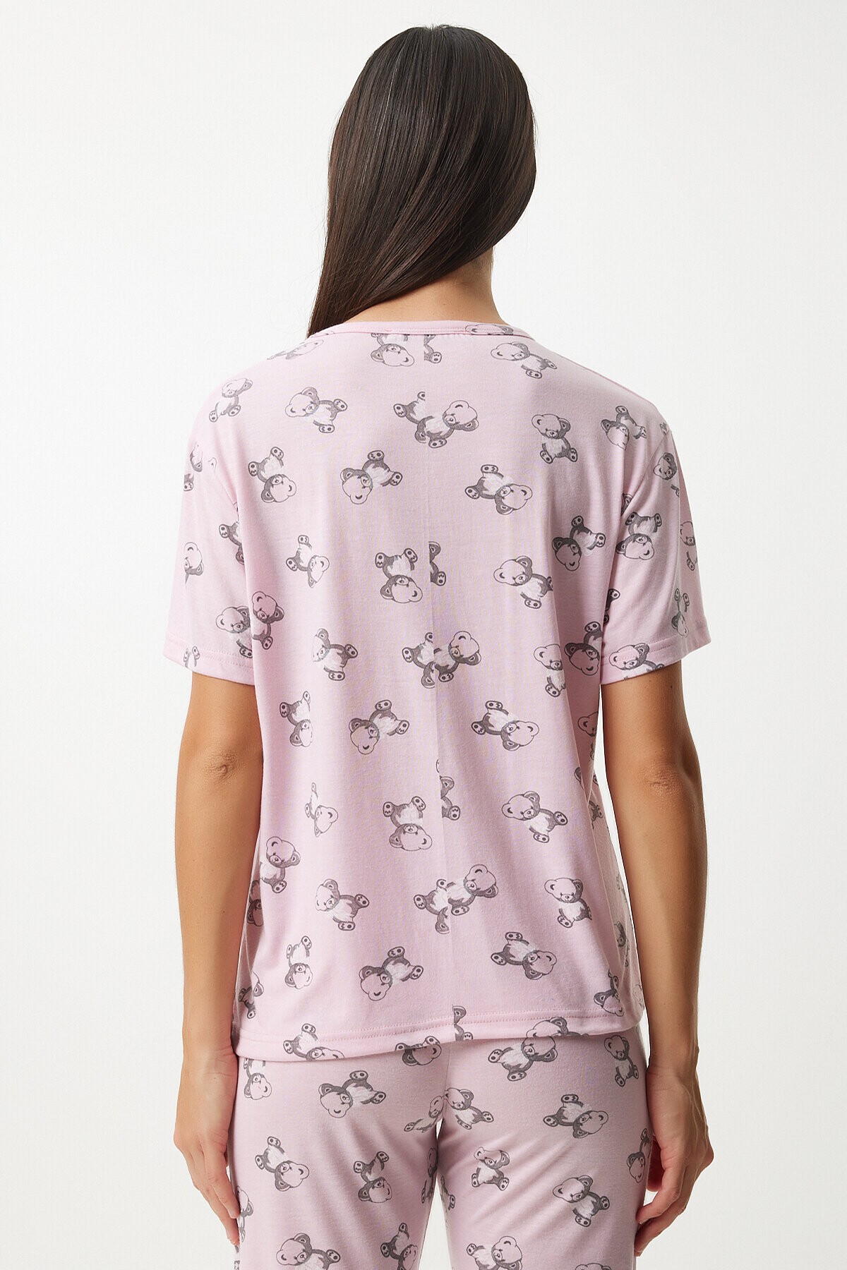 Desenli Viskon Pantolon T-shirt Pijama Takımı AÇIK PEMBE LEC0007