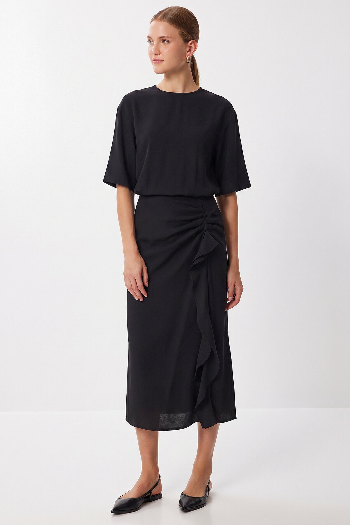 Drapeli Midi Modal Elbise SİYAH LNT0033