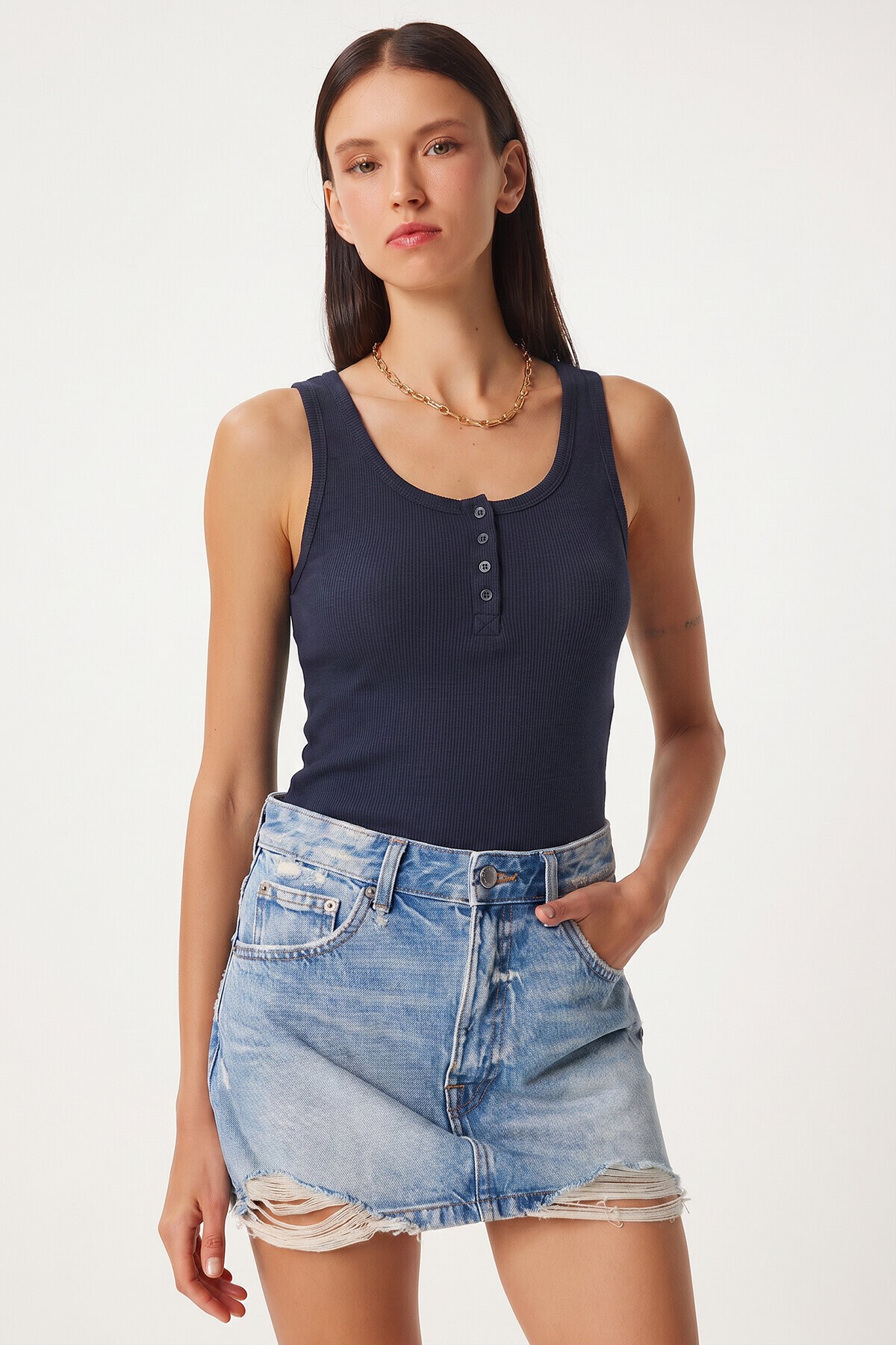 DÜĞMELİ ATLET 3 LİLA LACİVERT VİZON LRN0038