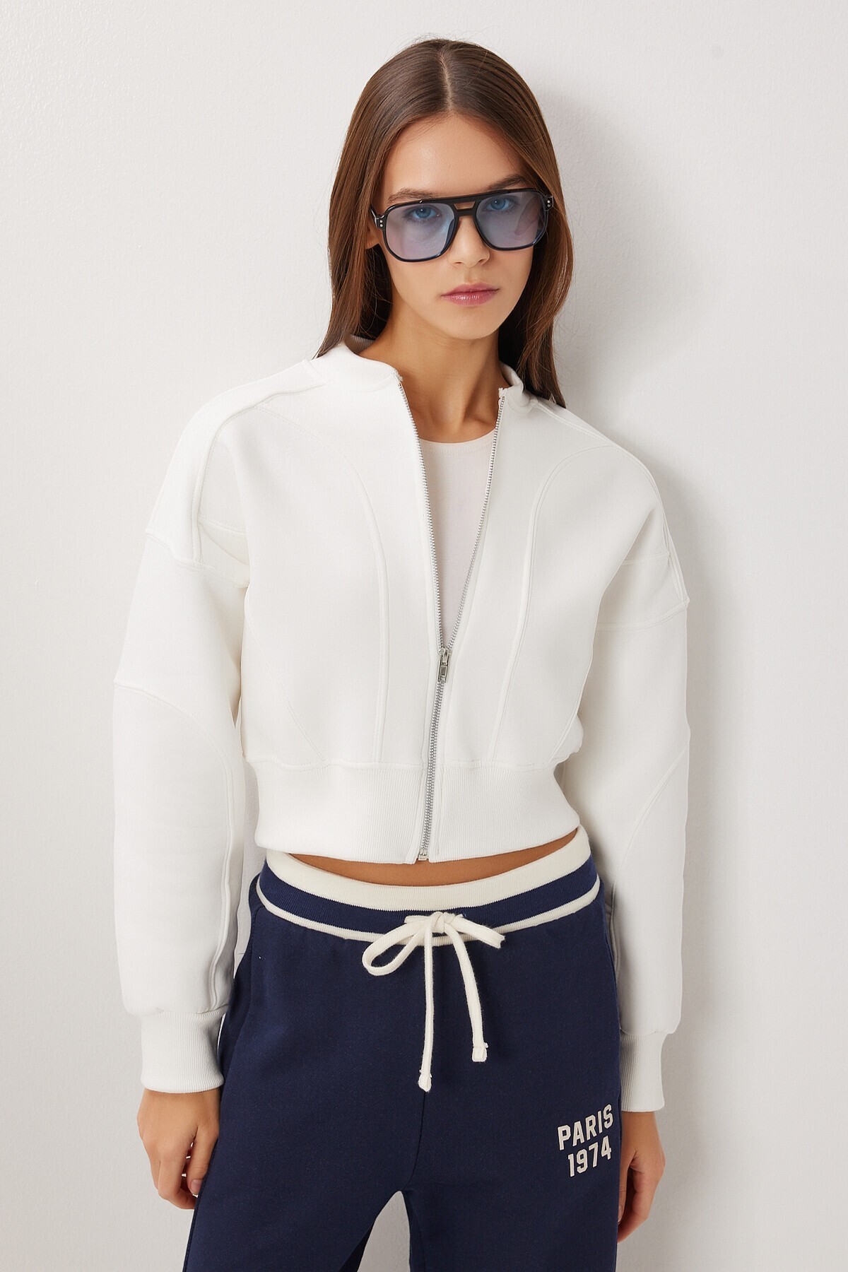 Fermuarlı Şardonlu Örme Sweatshirt EKRU LAN0085