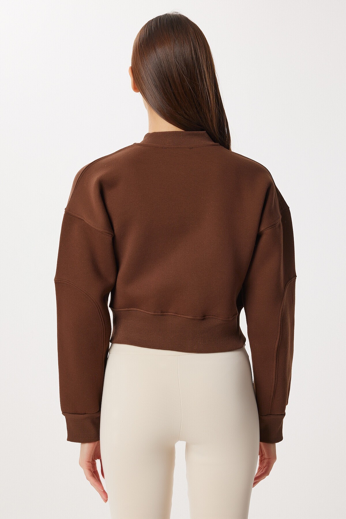 Fermuarlı Şardonlu Örme Sweatshirt KAHVERENGİ LAN0085