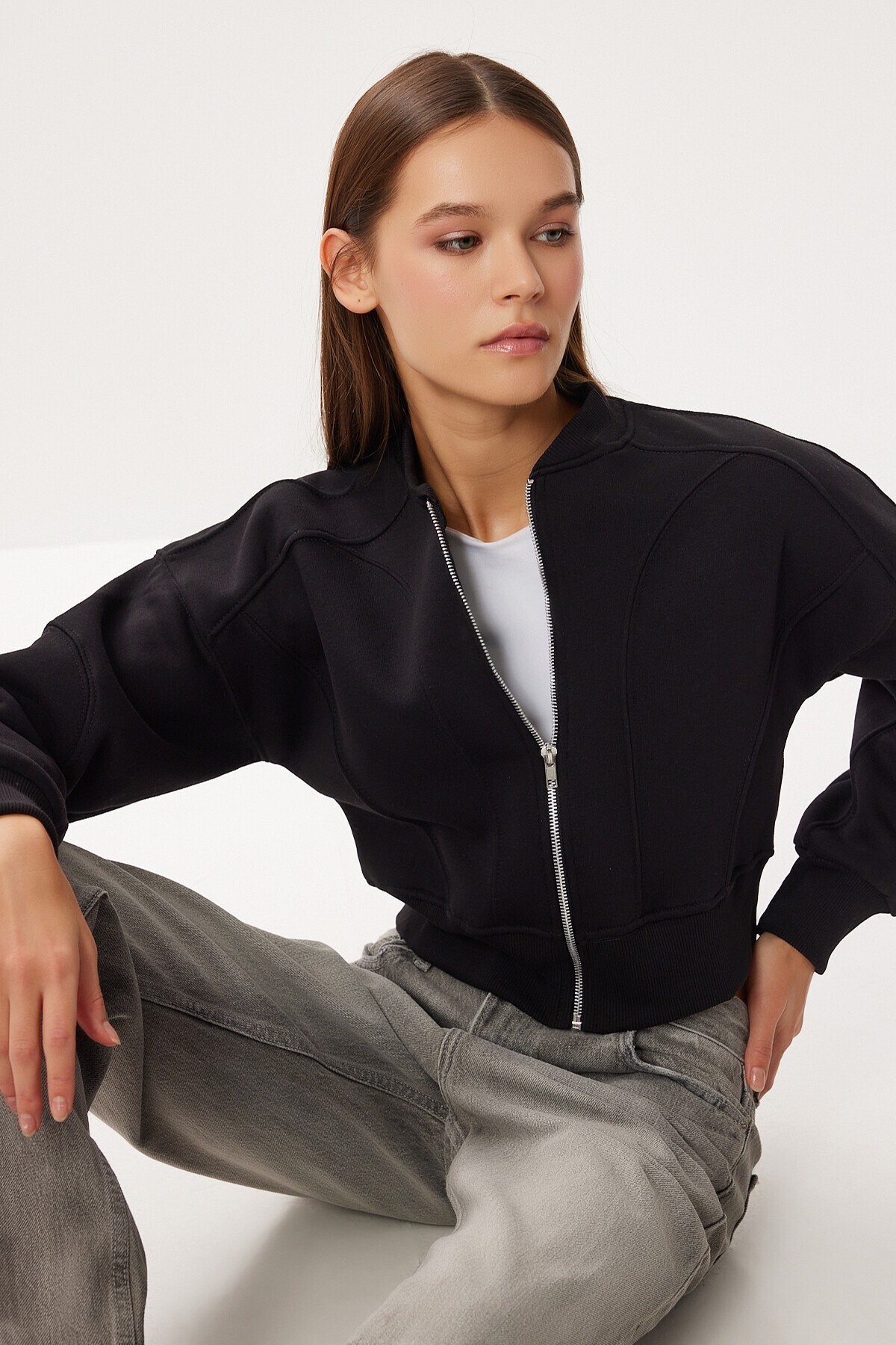 Fermuarlı Şardonlu Örme Sweatshirt SİYAH LAN0085