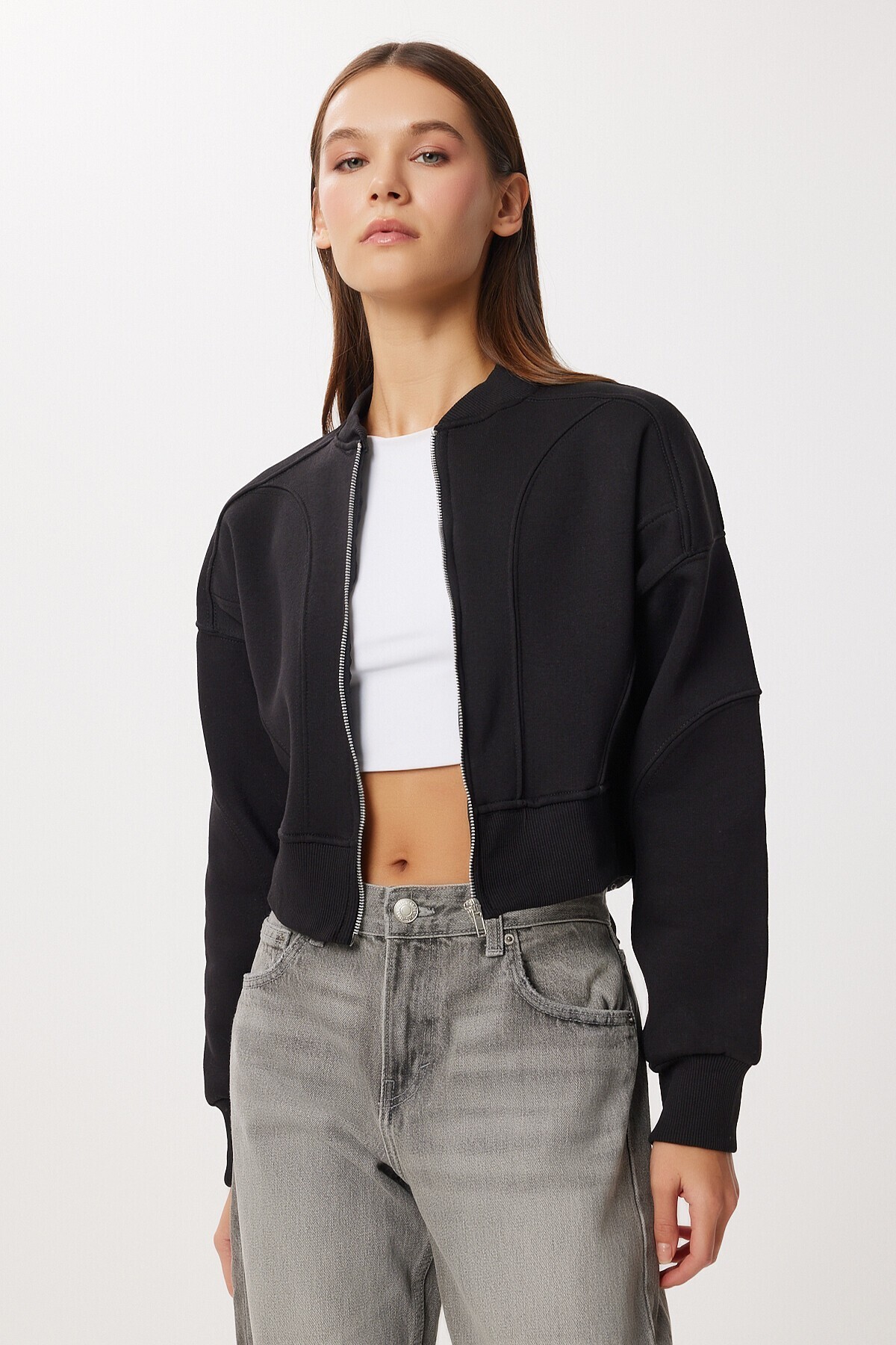 Fermuarlı Şardonlu Örme Sweatshirt SİYAH LAN0085