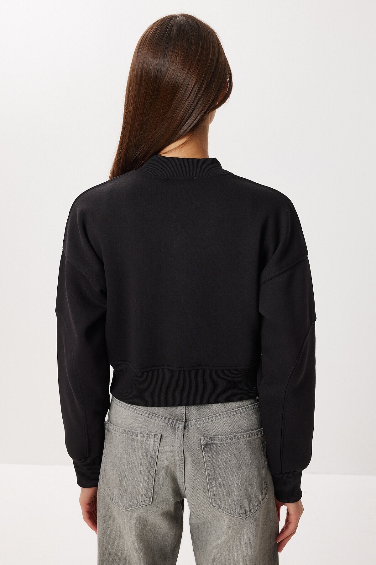 Fermuarlı Şardonlu Örme Sweatshirt SİYAH LAN0085