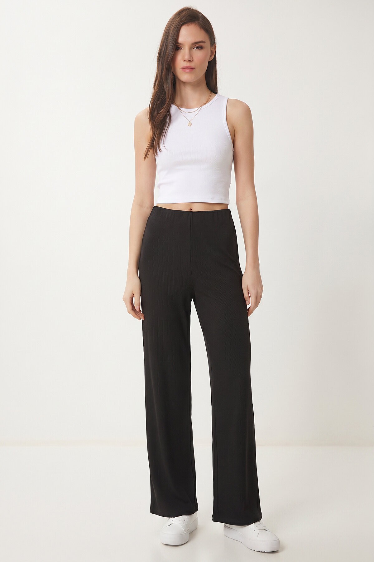 Geniş Paça Fitilli Modal Pantolon SİYAH LUB0348