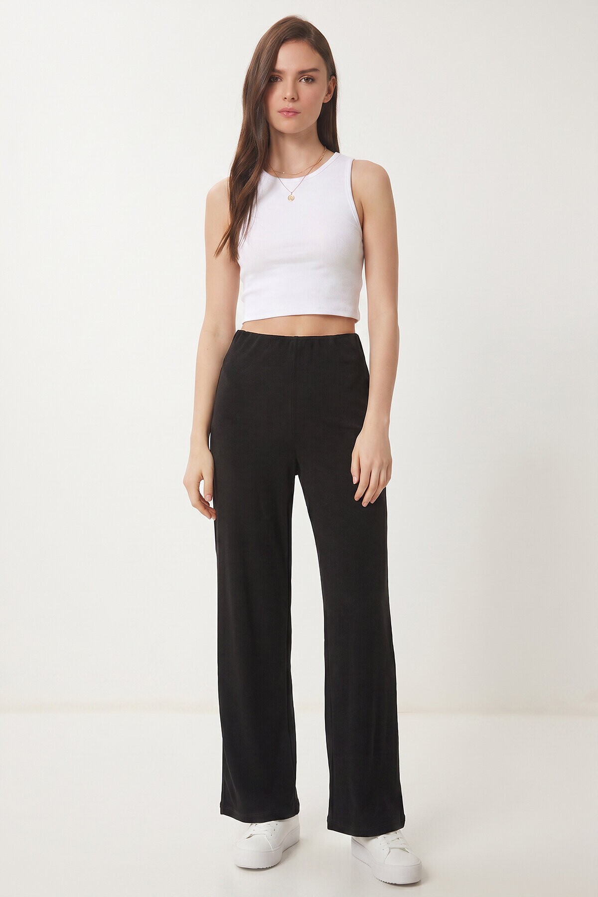 Geniş Paça Fitilli Modal Pantolon SİYAH LUB0348