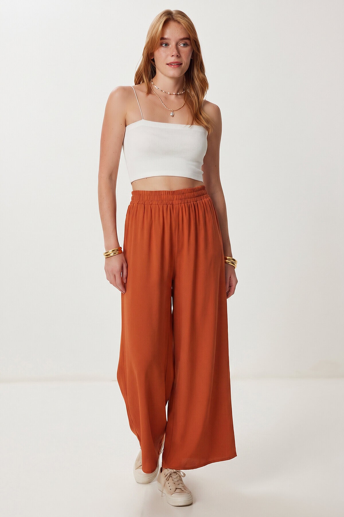 Geniş Paça Yazlık Viskon Pantolon KİREMİT LRN0035