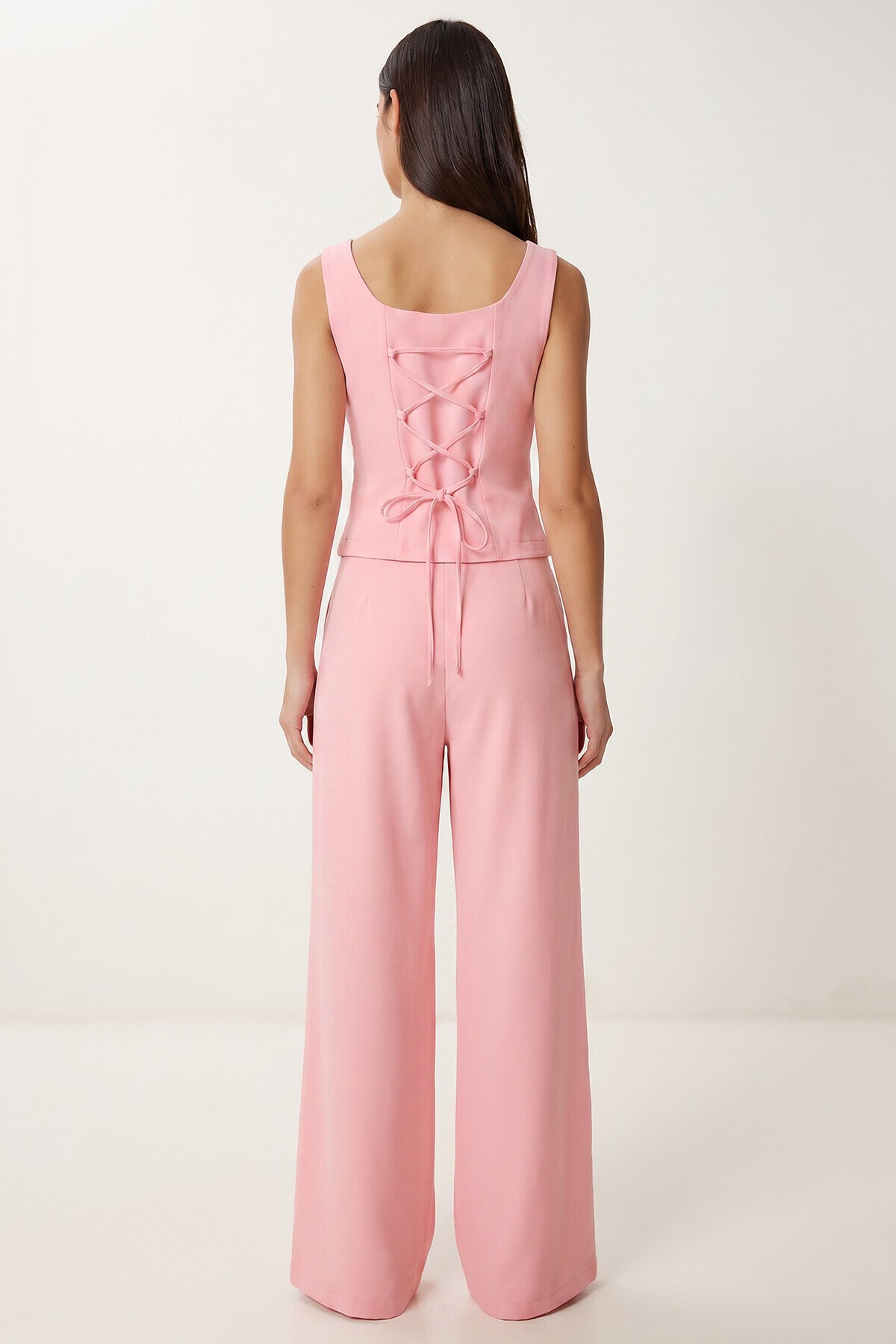 Gold Düğmeli Dokuma Yelek-Pantolon Takım PEMBE LAZ0004
