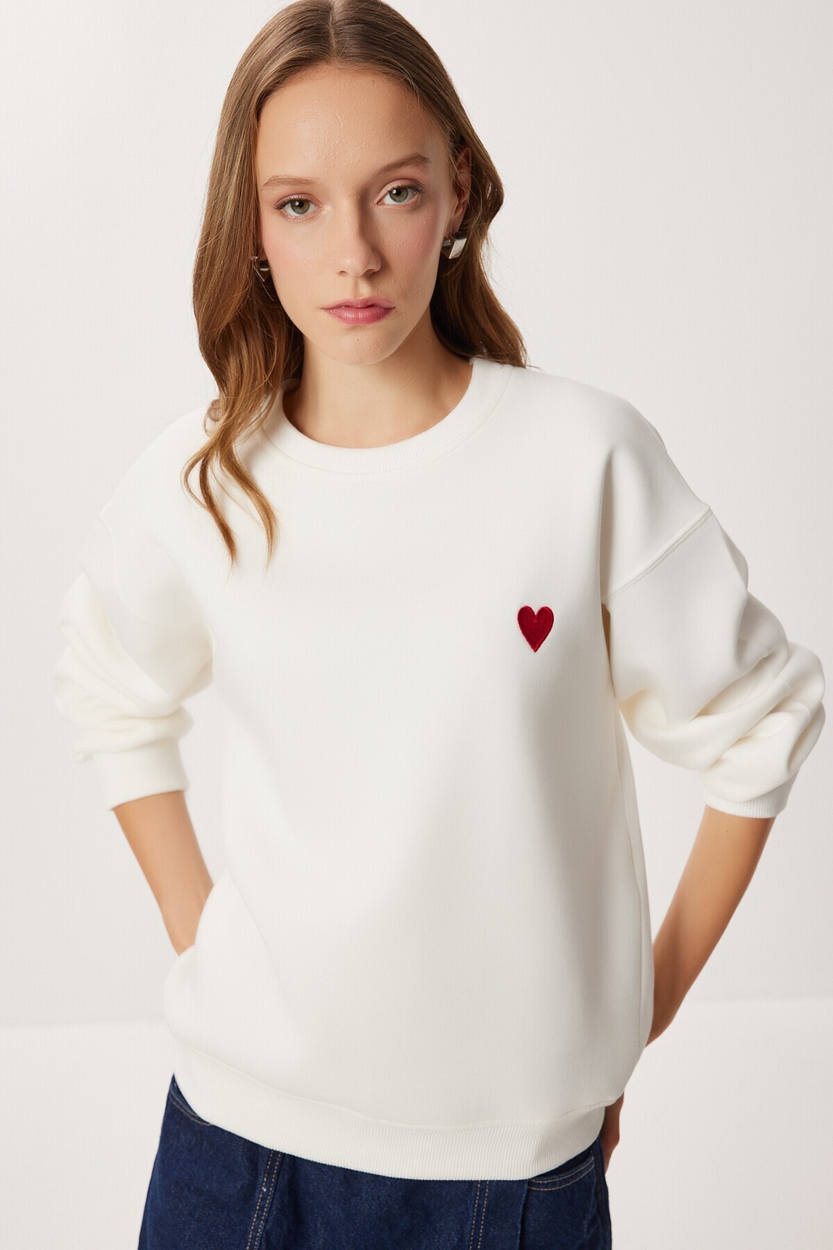 Kalp Nakışlı Şardonlu Örme Sweatshirt EKRU LAN0082