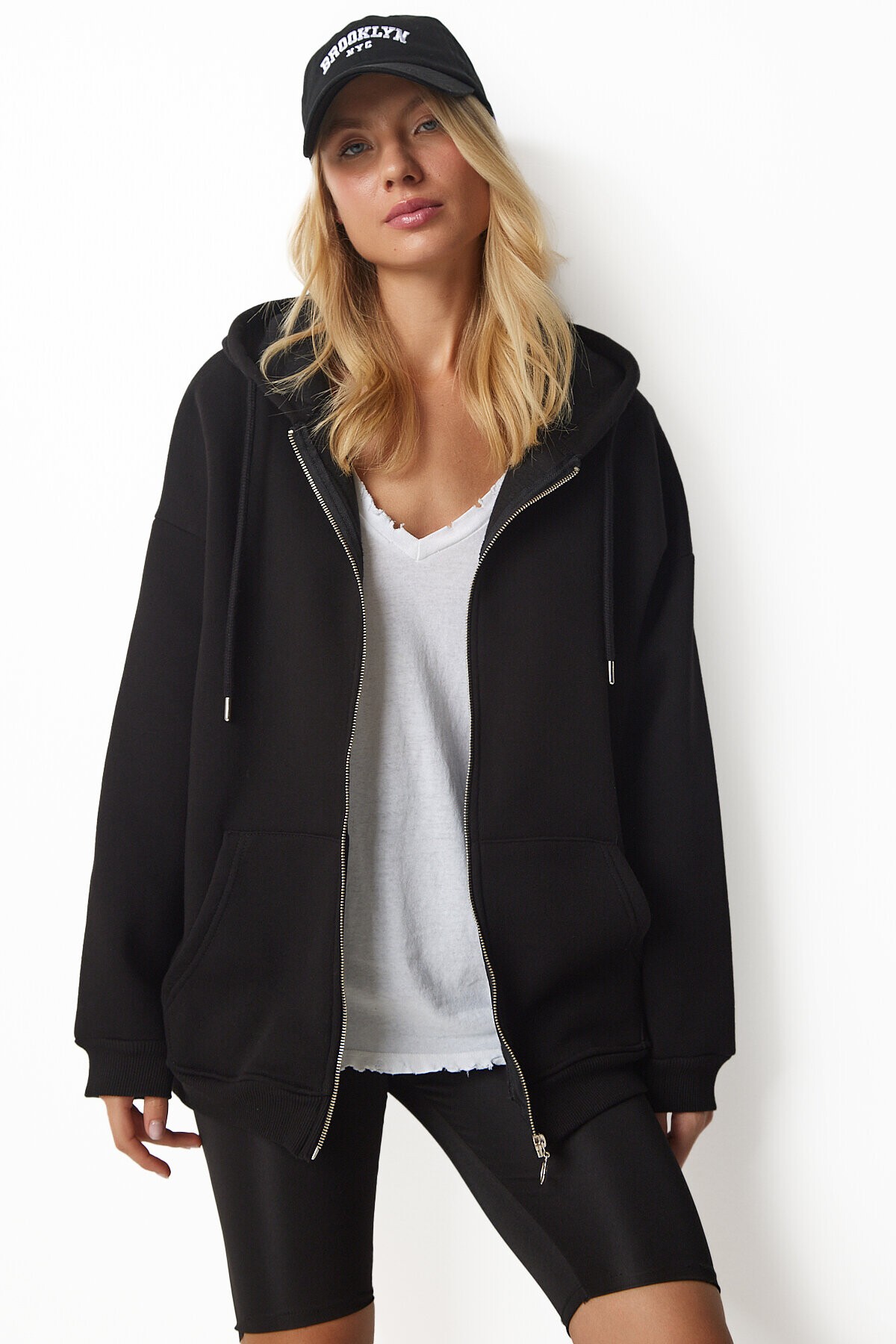 Kapüşonlu Oversize Şardonlu Örme Sweatshirt SİYAH HUB0002