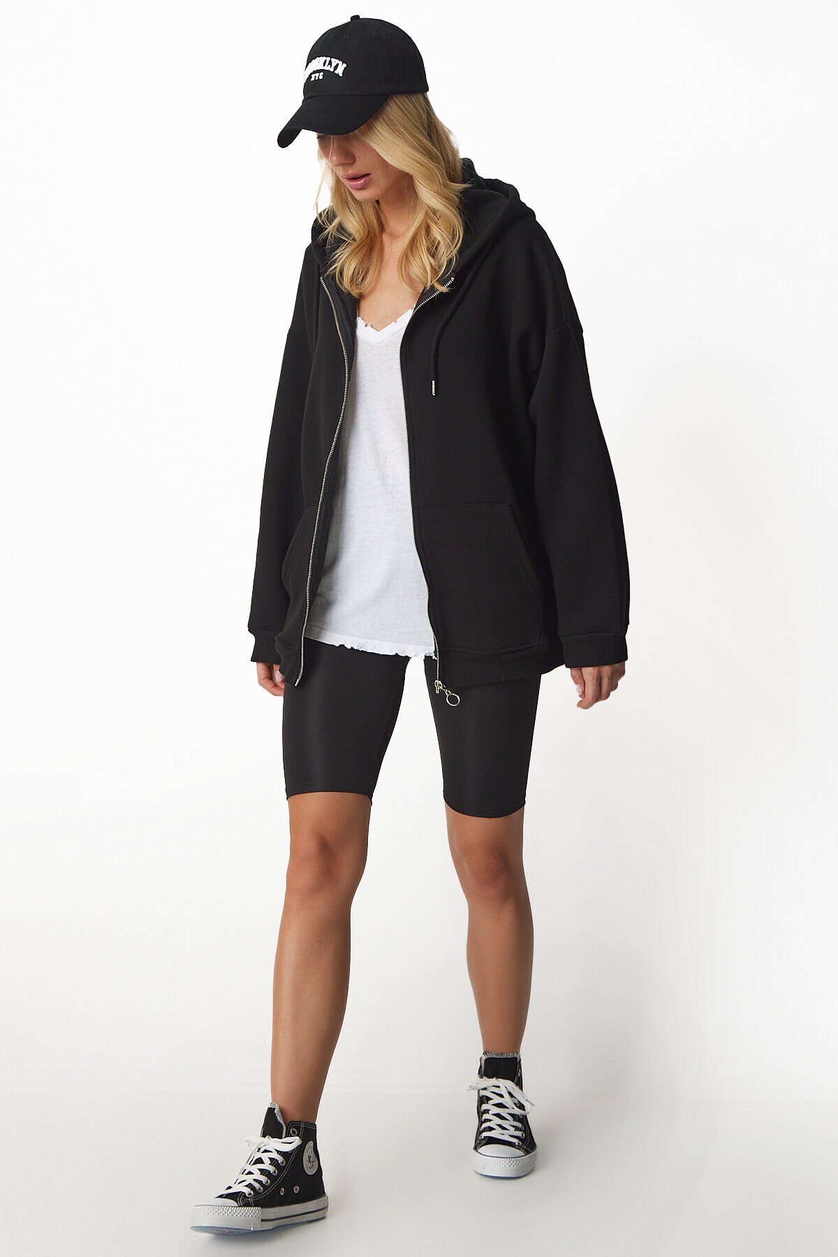 Kapüşonlu Oversize Şardonlu Örme Sweatshirt SİYAH HUB0002