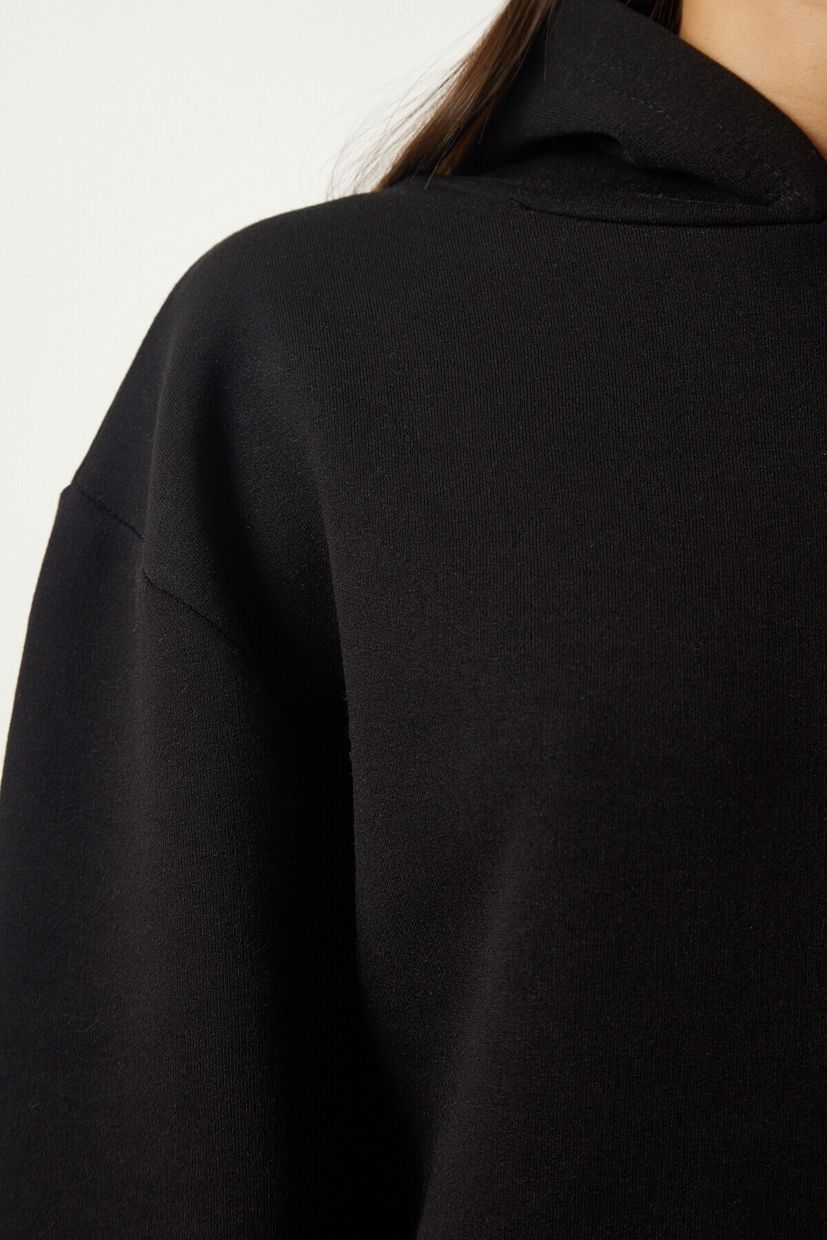 Kapüşonlu Şardonlu Baskılı Sweatshirt SİYAH LOW0032