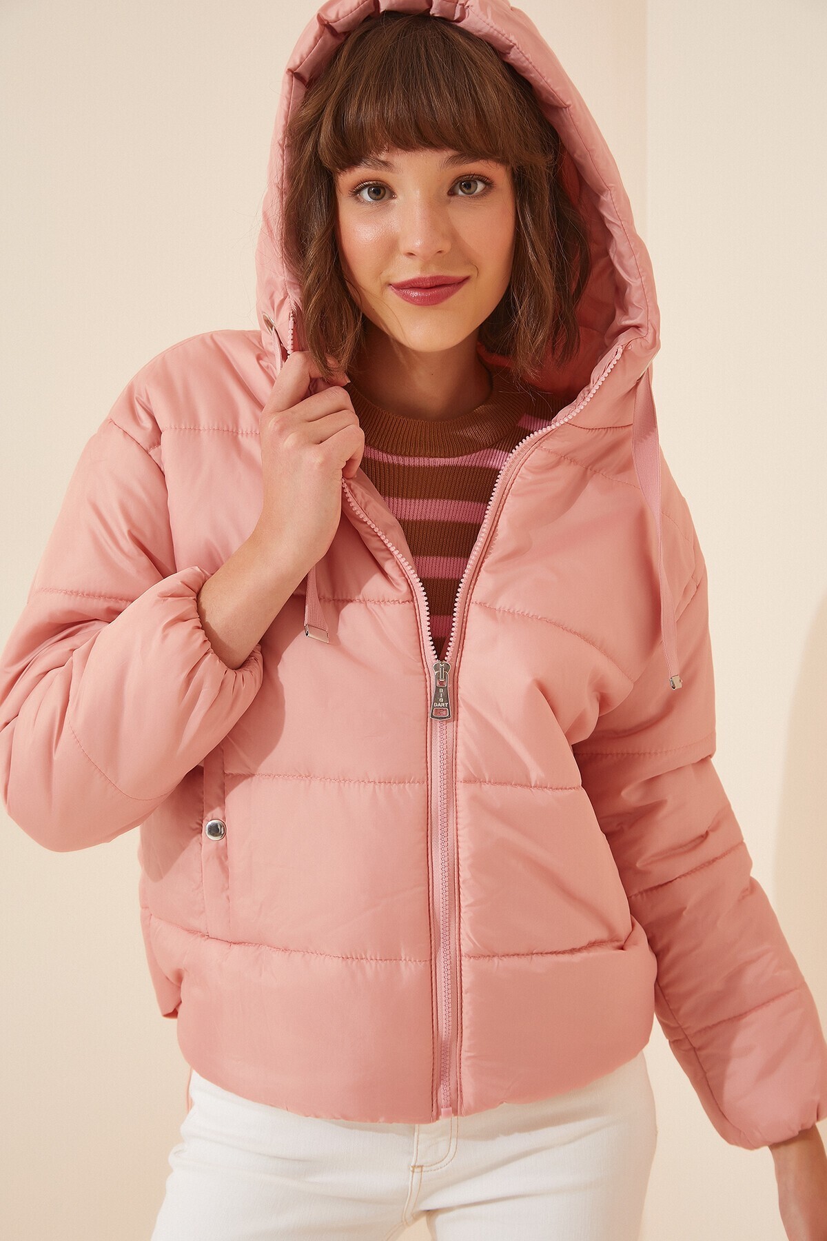 Kapüşonlu Şişme Mont PEMBE LDD0039