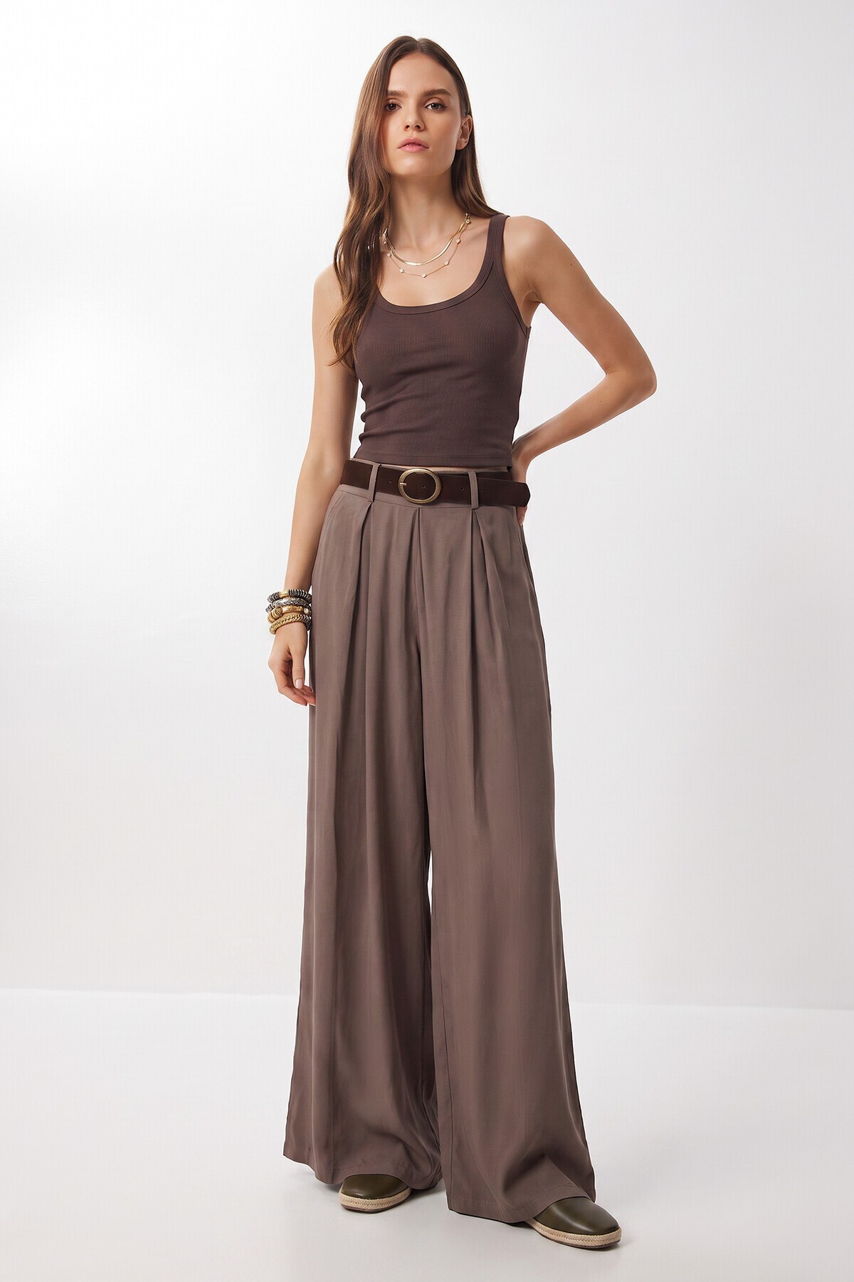 Kemerli Gabardin Etek Pantolon VİZON LBY0072