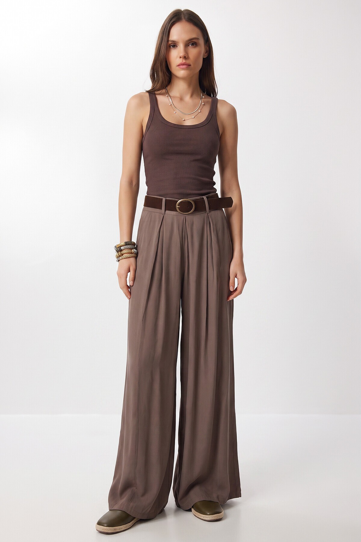 Kemerli Gabardin Etek Pantolon VİZON LBY0072