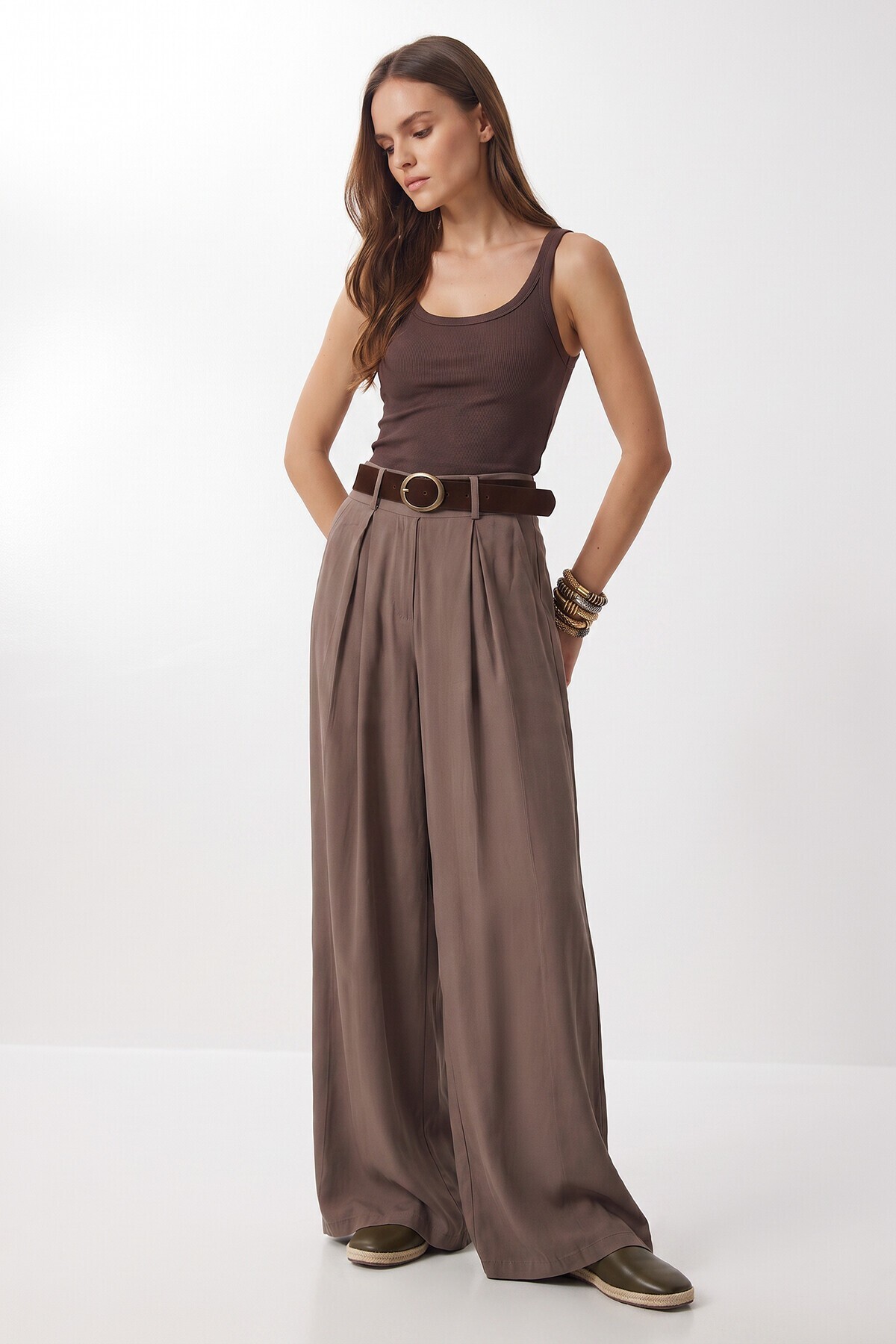 Kemerli Gabardin Etek Pantolon VİZON LBY0072