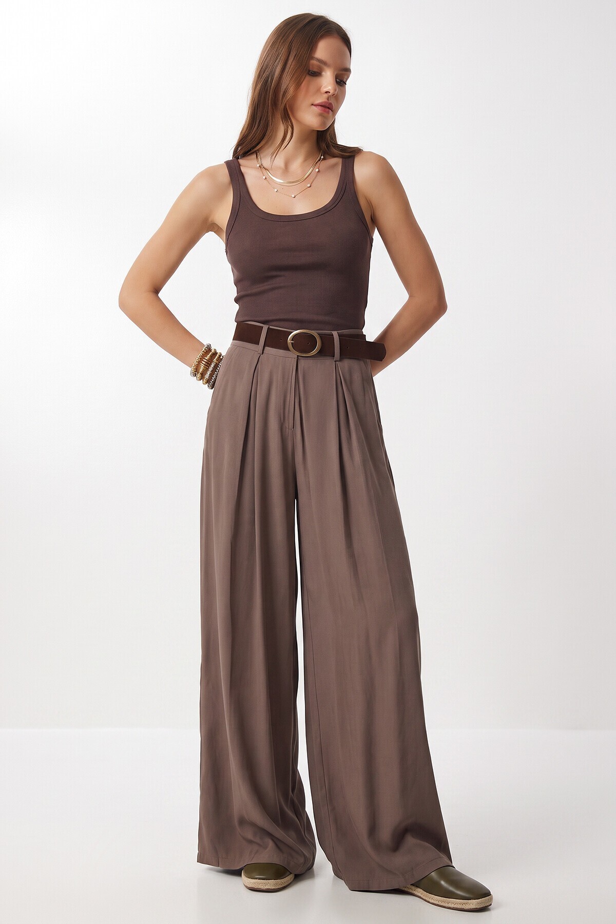 Kemerli Gabardin Etek Pantolon VİZON LBY0072