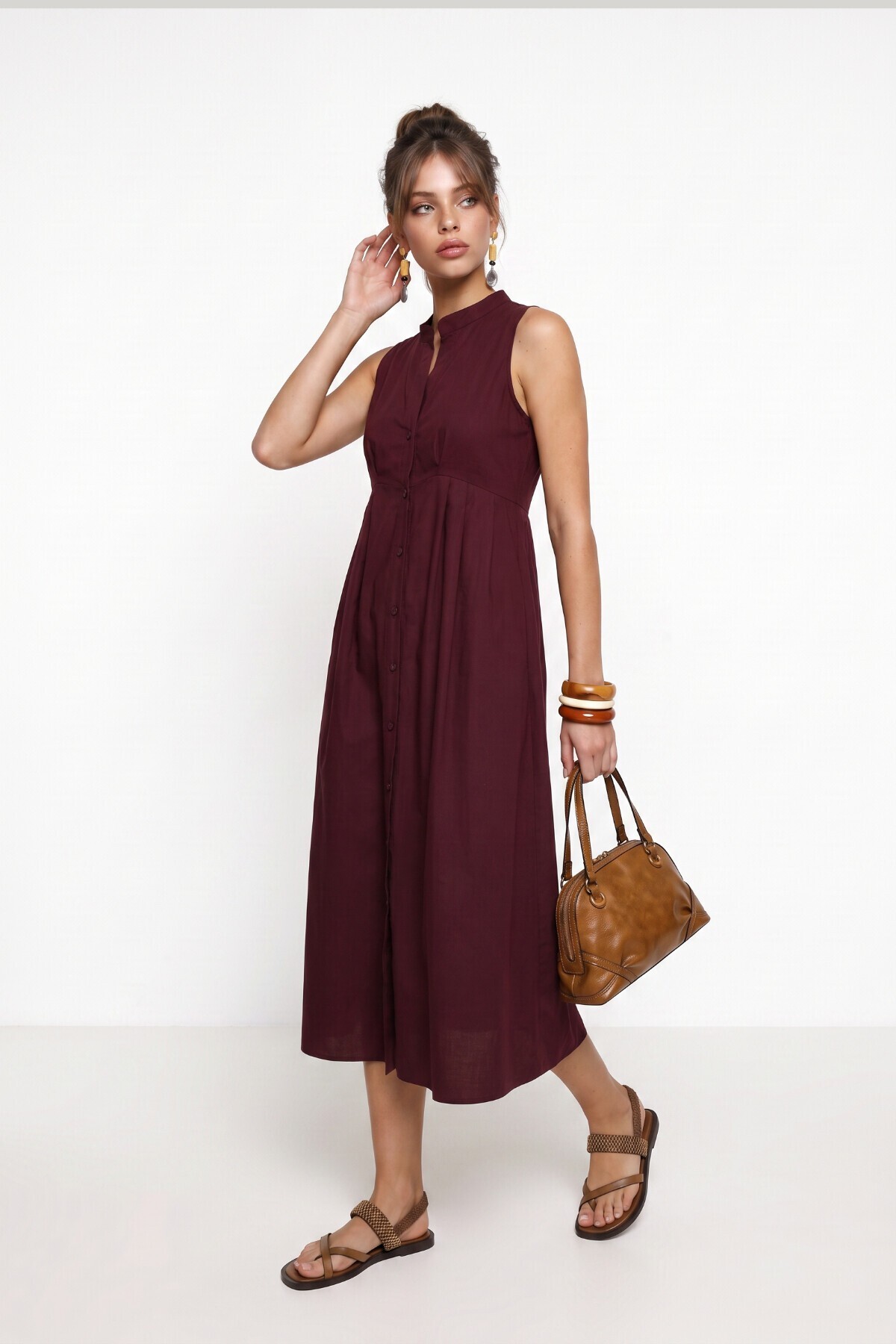 Kolsuz Midi Poplin Gömlek Elbise BORDO LMX0093