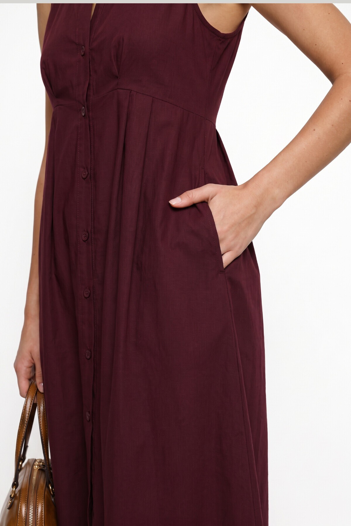 Kolsuz Midi Poplin Gömlek Elbise BORDO LMX0093