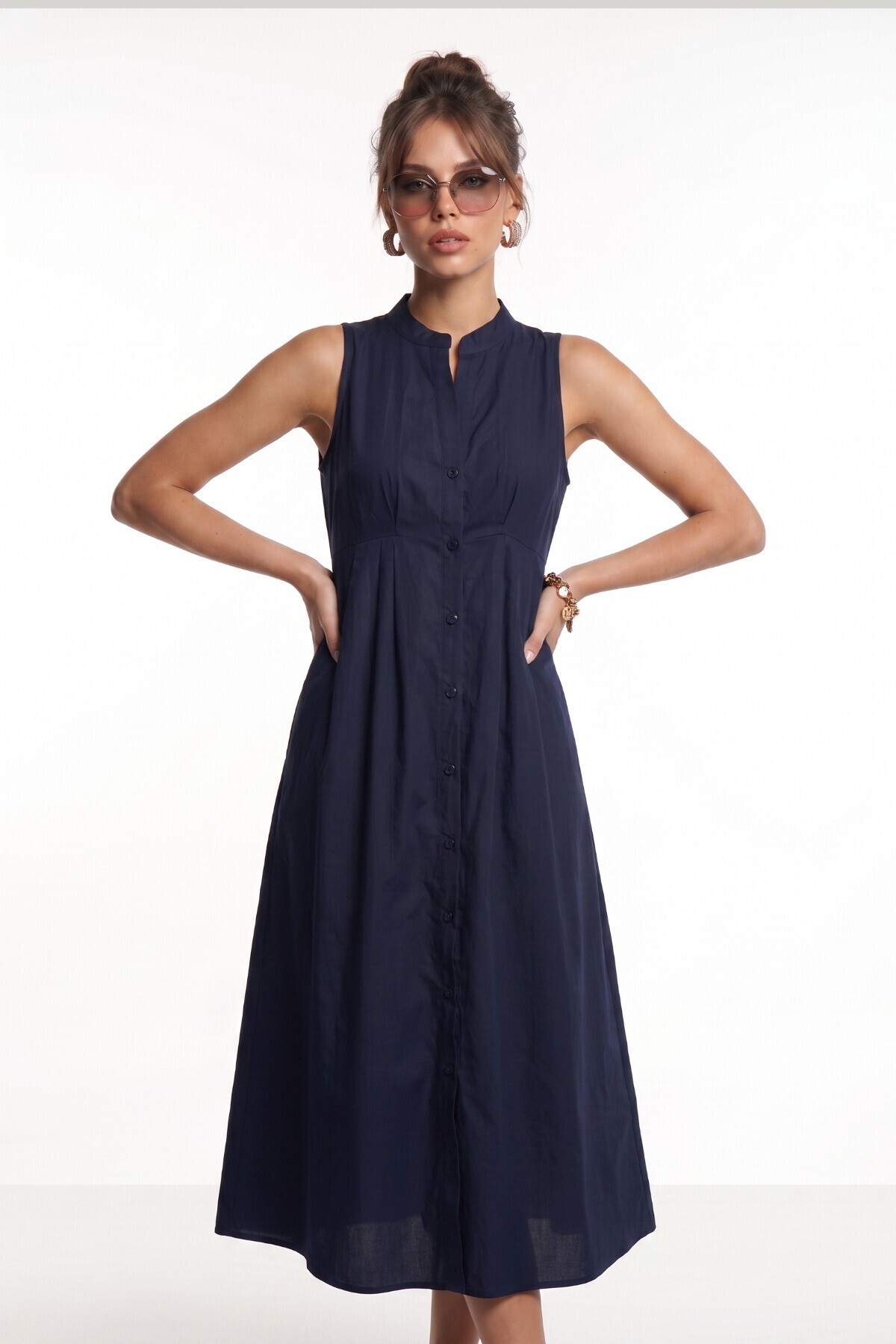 Kolsuz Midi Poplin Gömlek Elbise LACİVERT LMX0093
