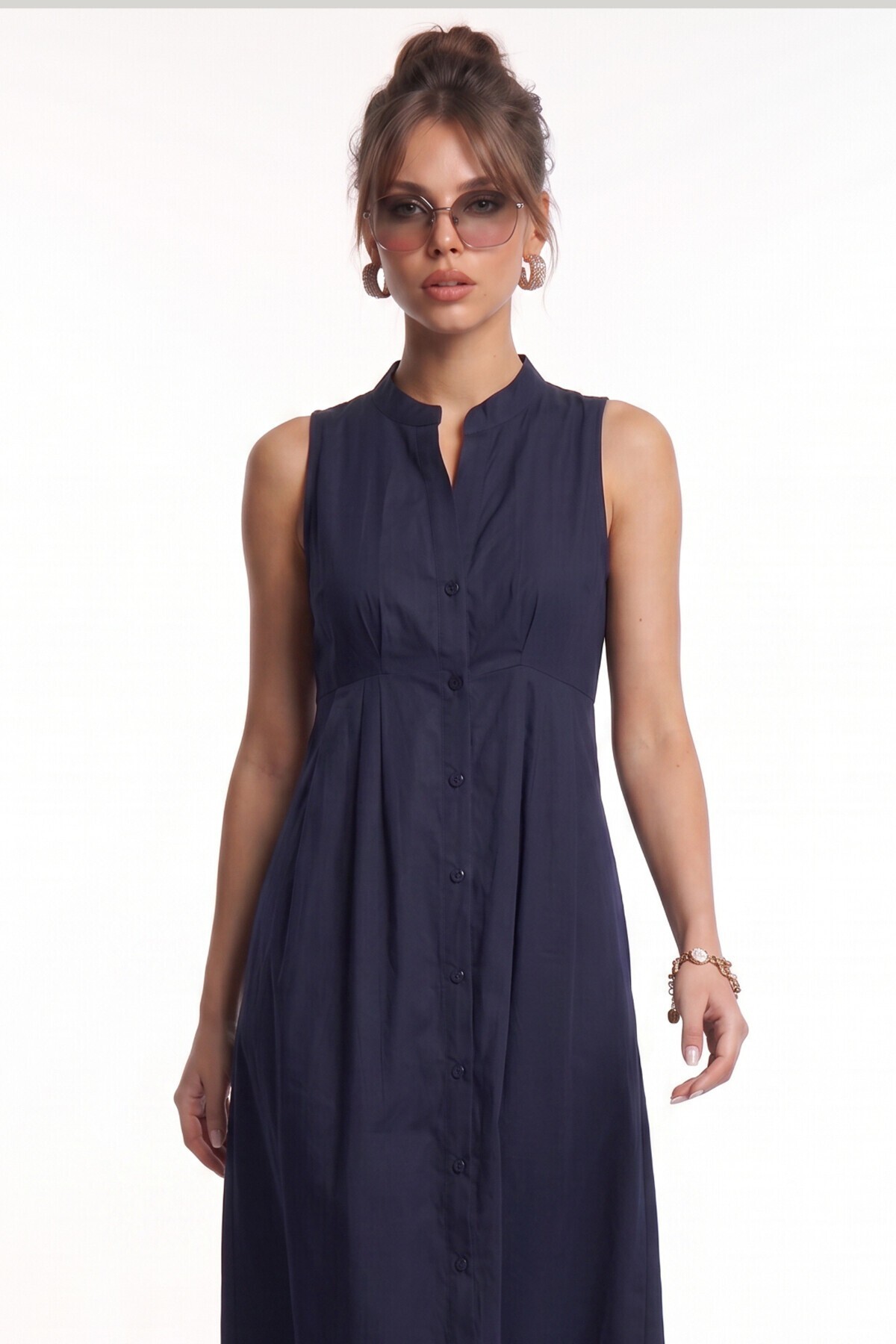 Kolsuz Midi Poplin Gömlek Elbise LACİVERT LMX0093