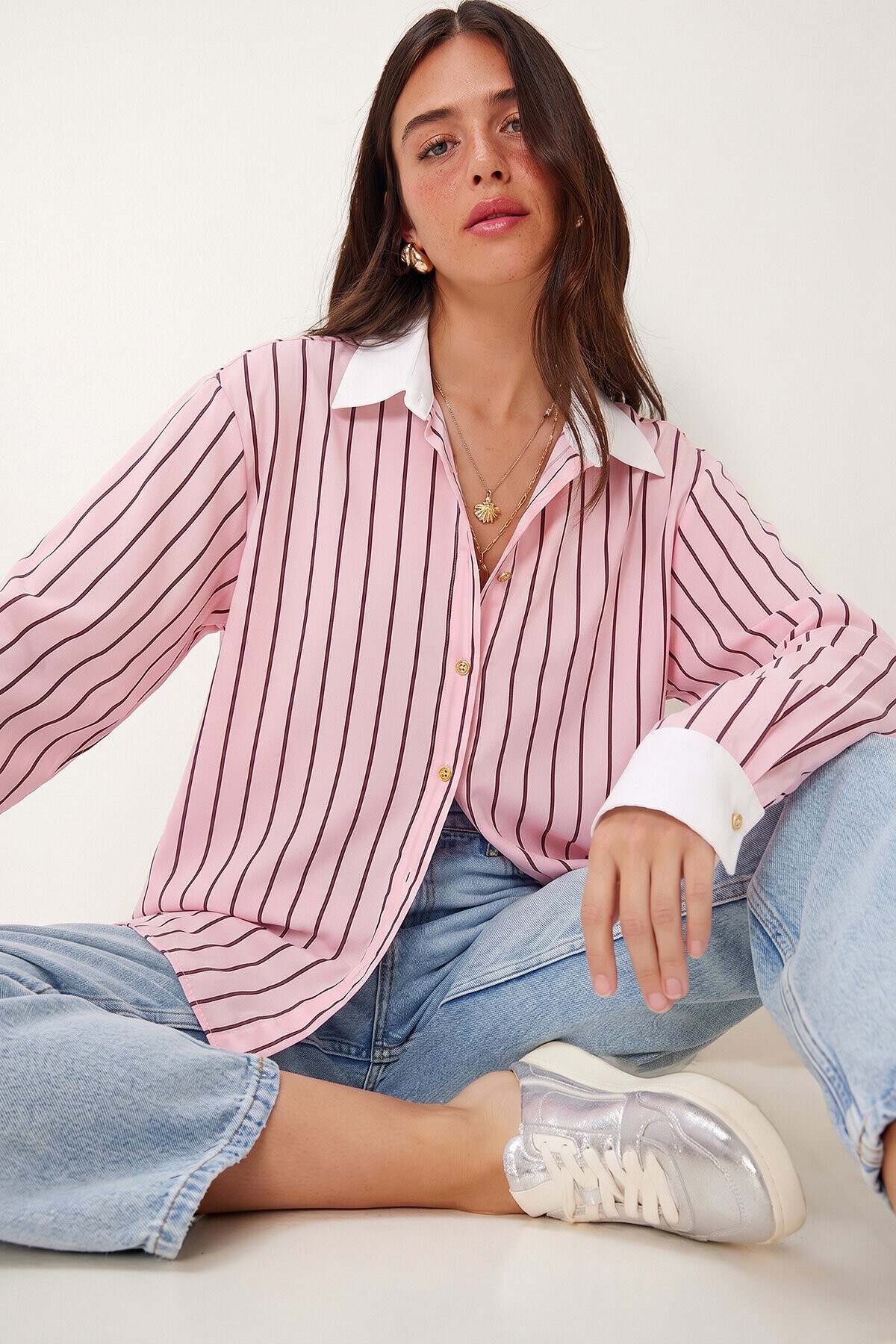 Kontrast Manşetli Çizgili Oversize Gömlek PEMBE BORDO LUB0347