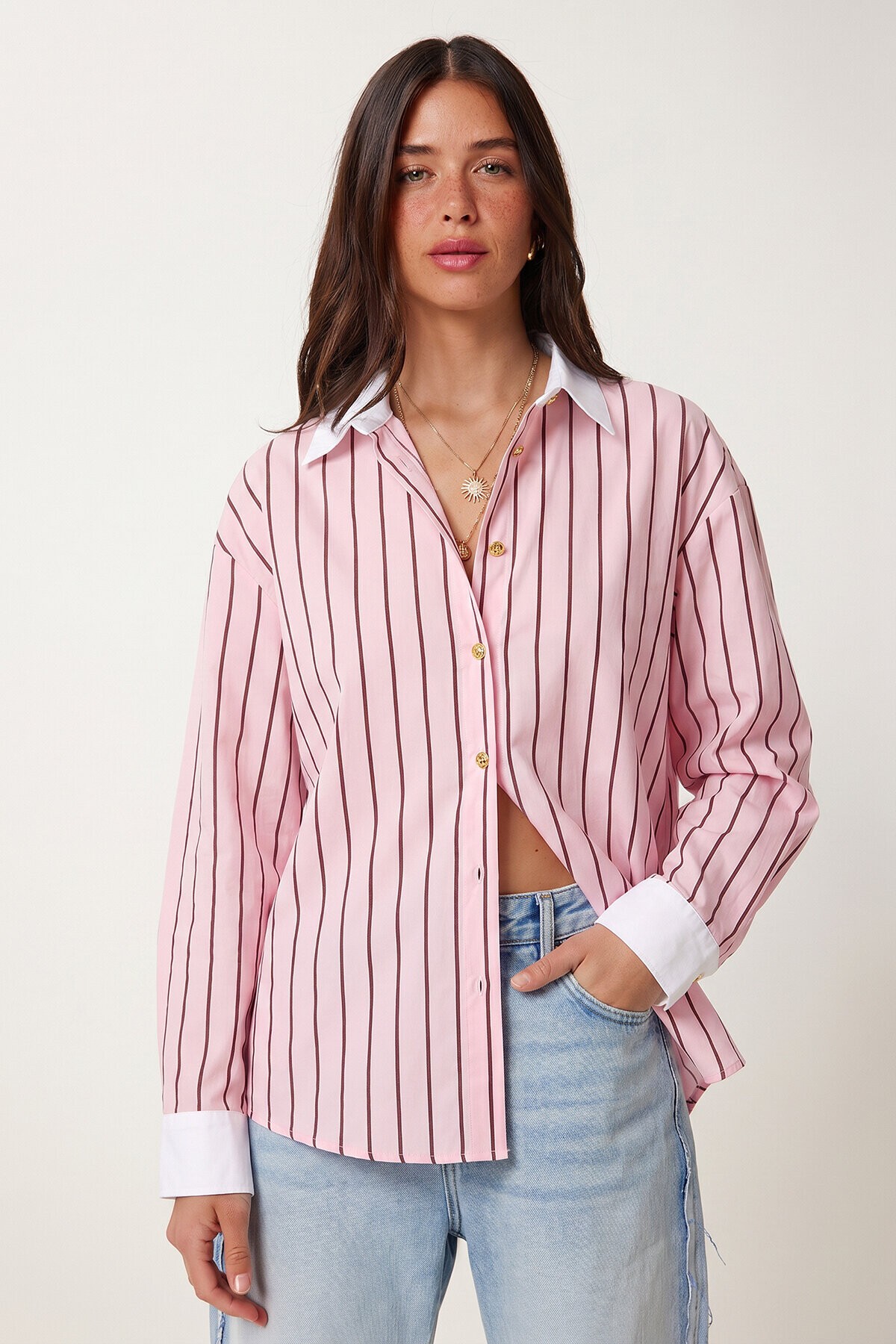 Kontrast Manşetli Çizgili Oversize Gömlek PEMBE BORDO LUB0347