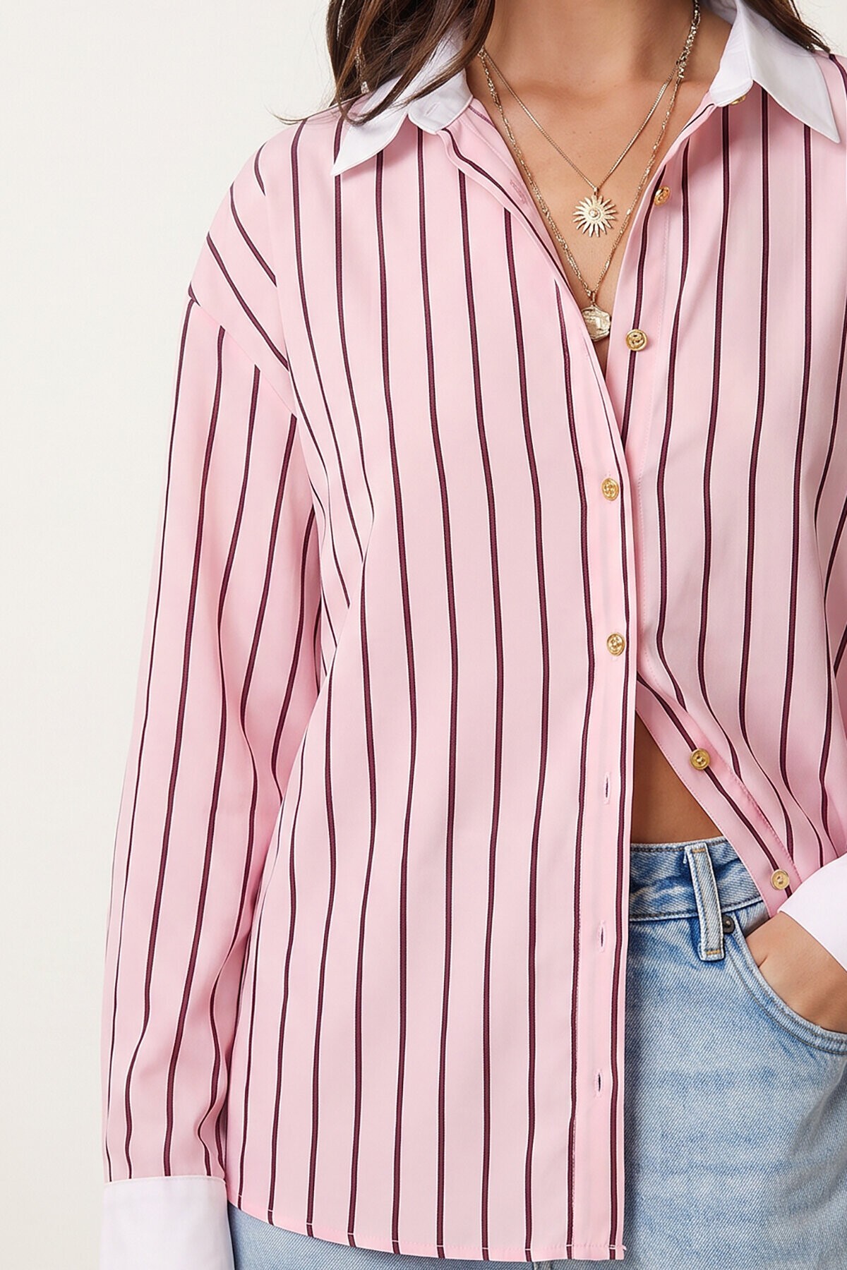 Kontrast Manşetli Çizgili Oversize Gömlek PEMBE BORDO LUB0347