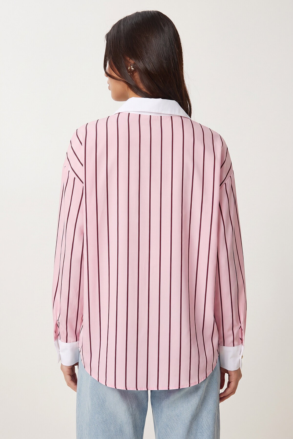 Kontrast Manşetli Çizgili Oversize Gömlek PEMBE BORDO LUB0347