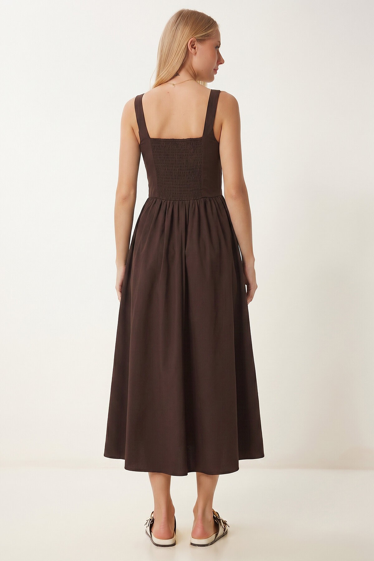 Korse Görünümlü Poplin Midi Elbise KAHVERENGİ LUB0354