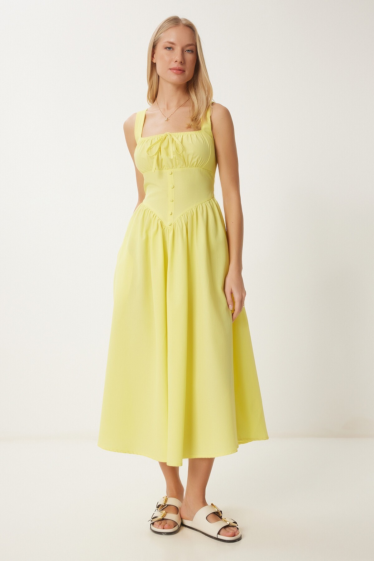 Korse Görünümlü Poplin Midi Elbise SARI LUB0224