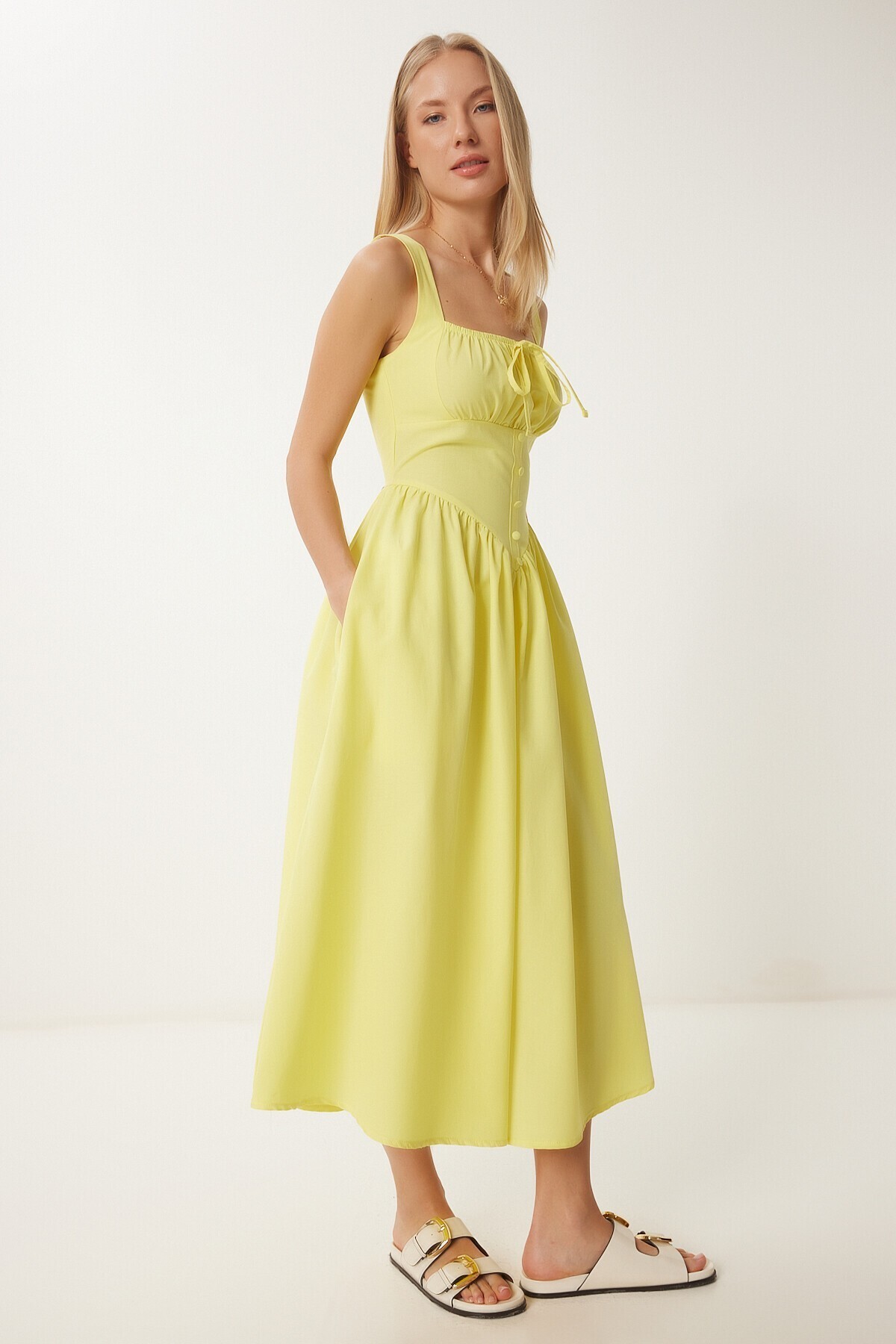 Korse Görünümlü Poplin Midi Elbise SARI LUB0224