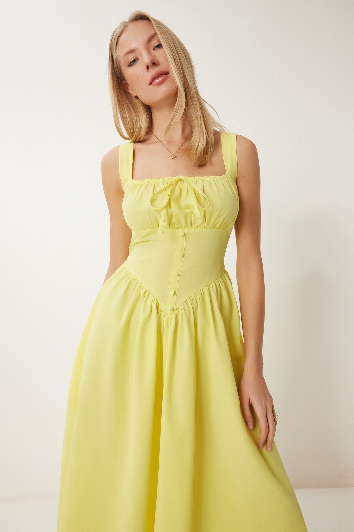 Korse Görünümlü Poplin Midi Elbise SARI LUB0224