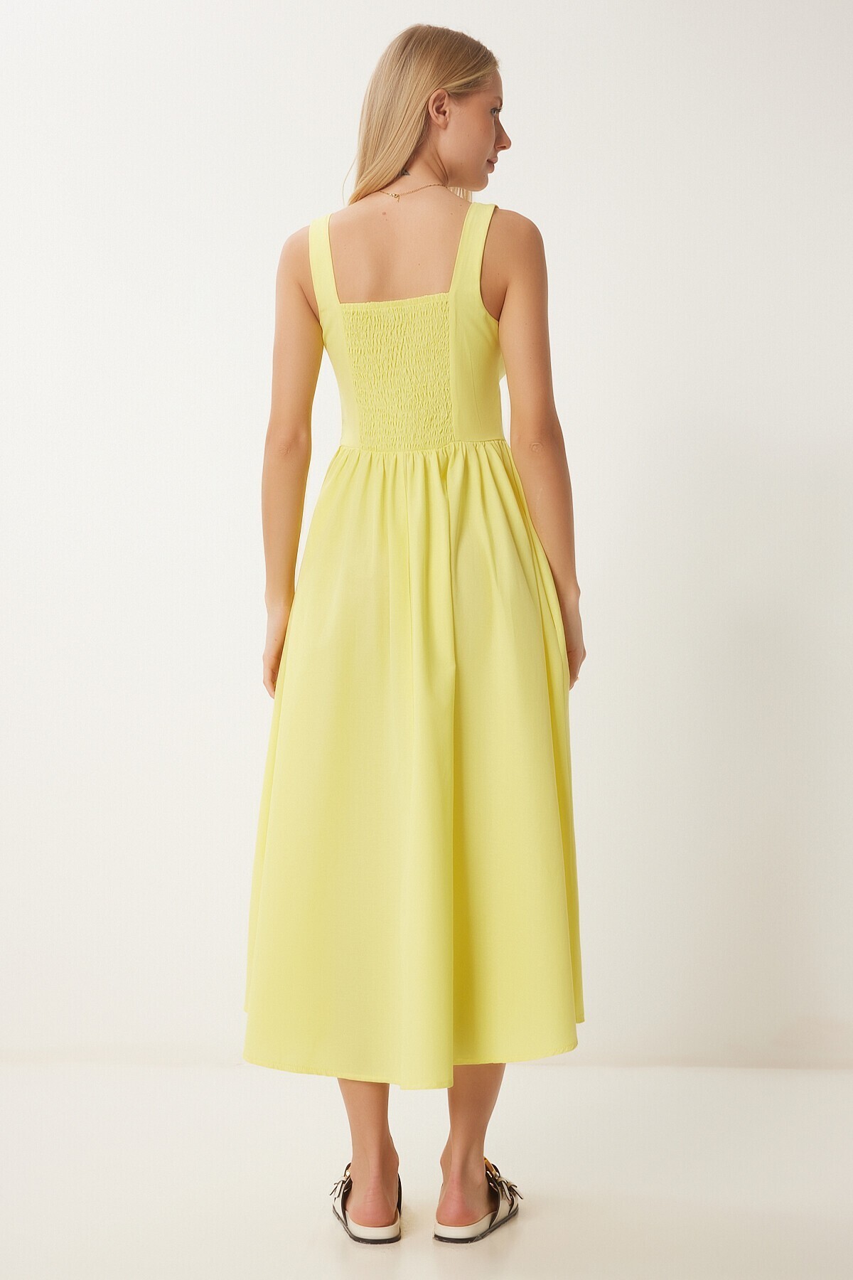 Korse Görünümlü Poplin Midi Elbise SARI LUB0224