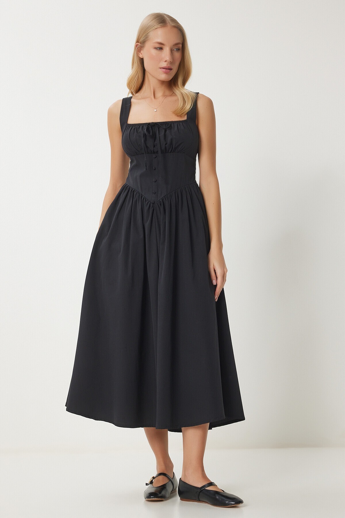Korse Görünümlü Poplin Midi Elbise SİYAH LUB0224