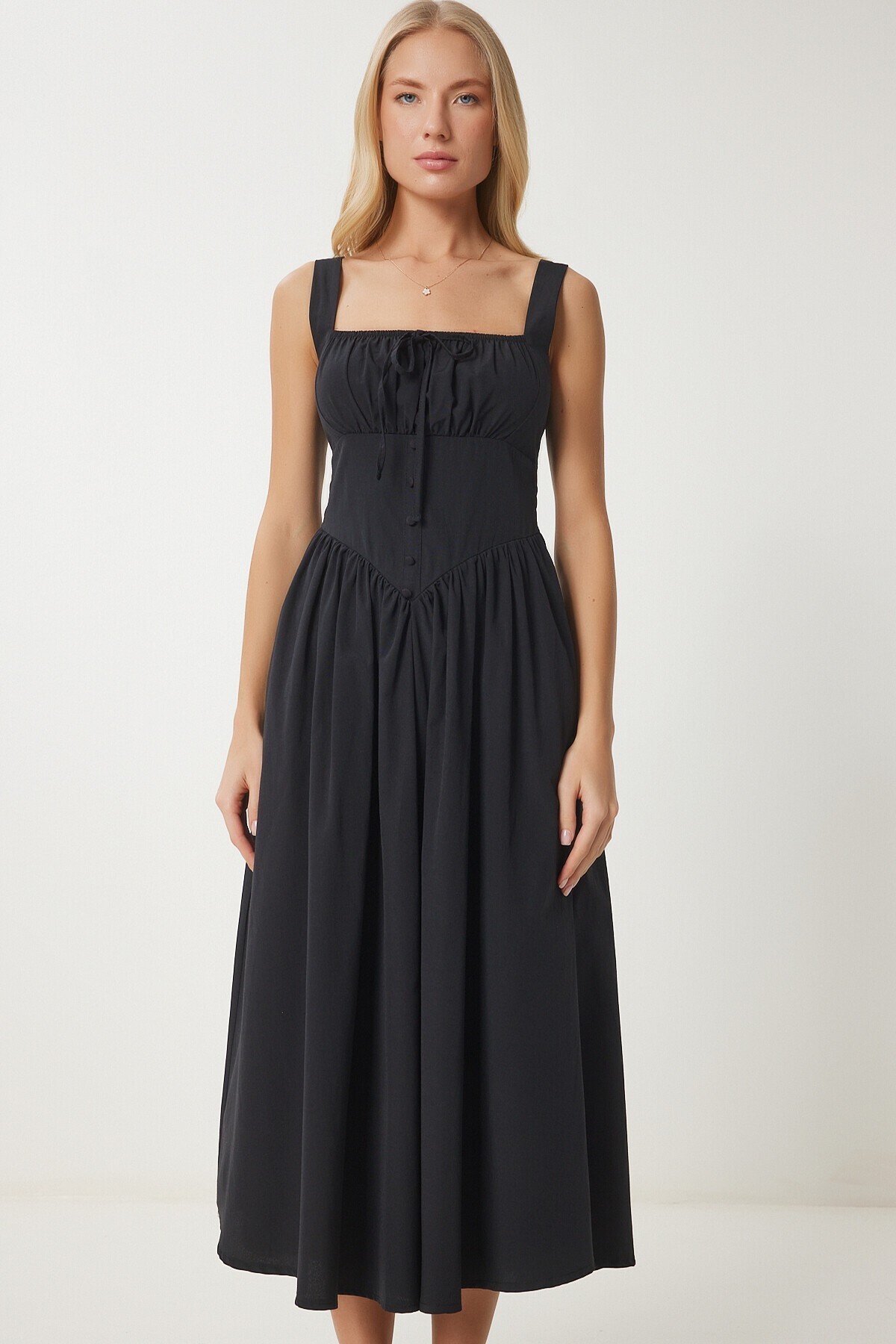 Korse Görünümlü Poplin Midi Elbise SİYAH LUB0224