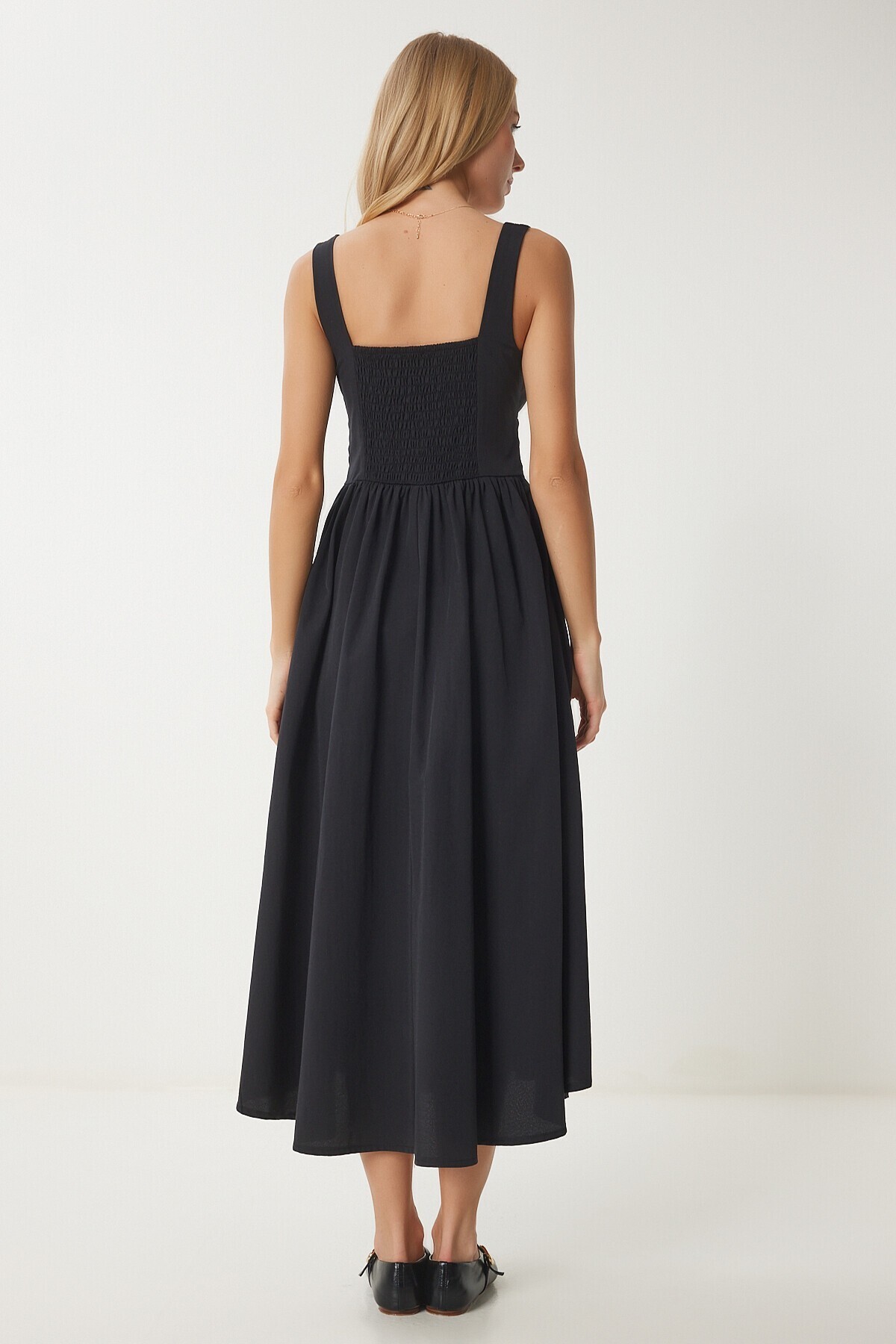 Korse Görünümlü Poplin Midi Elbise SİYAH LUB0224