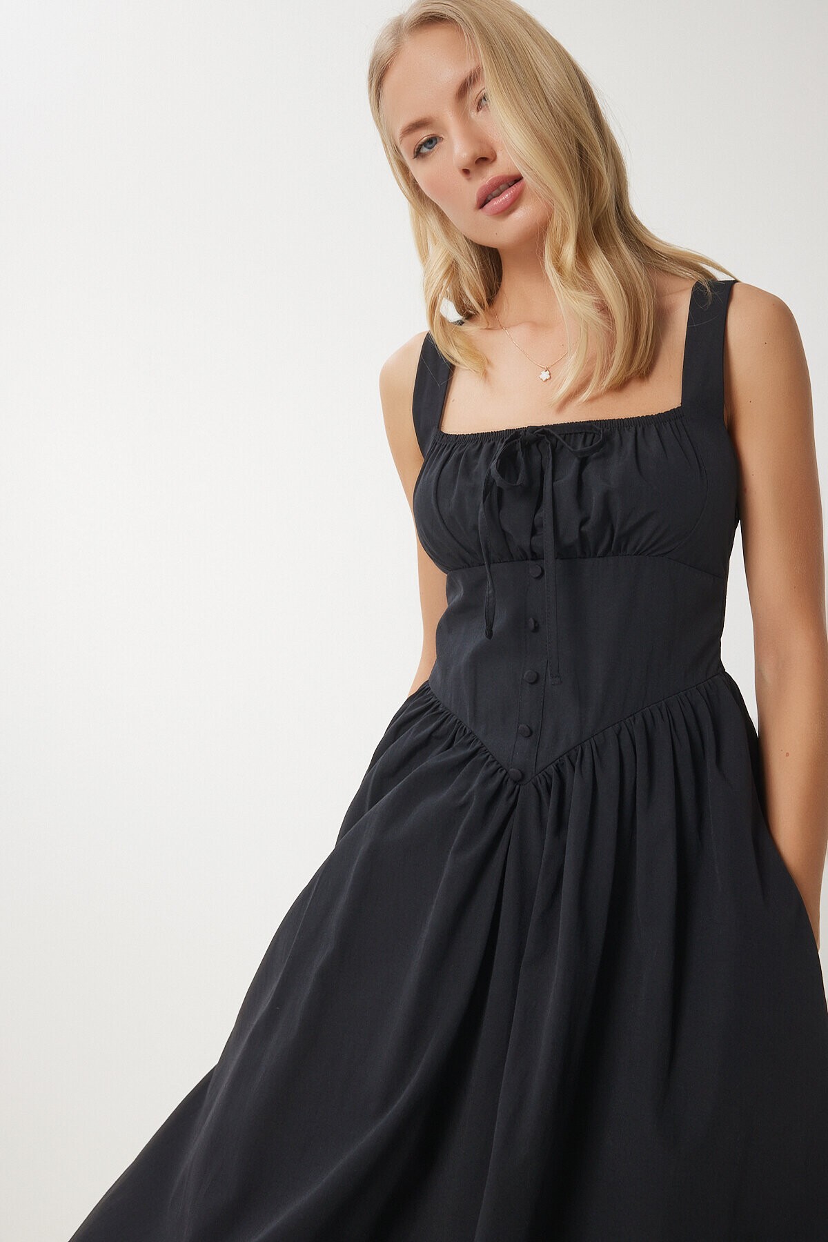 Korse Görünümlü Poplin Midi Elbise SİYAH LUB0354
