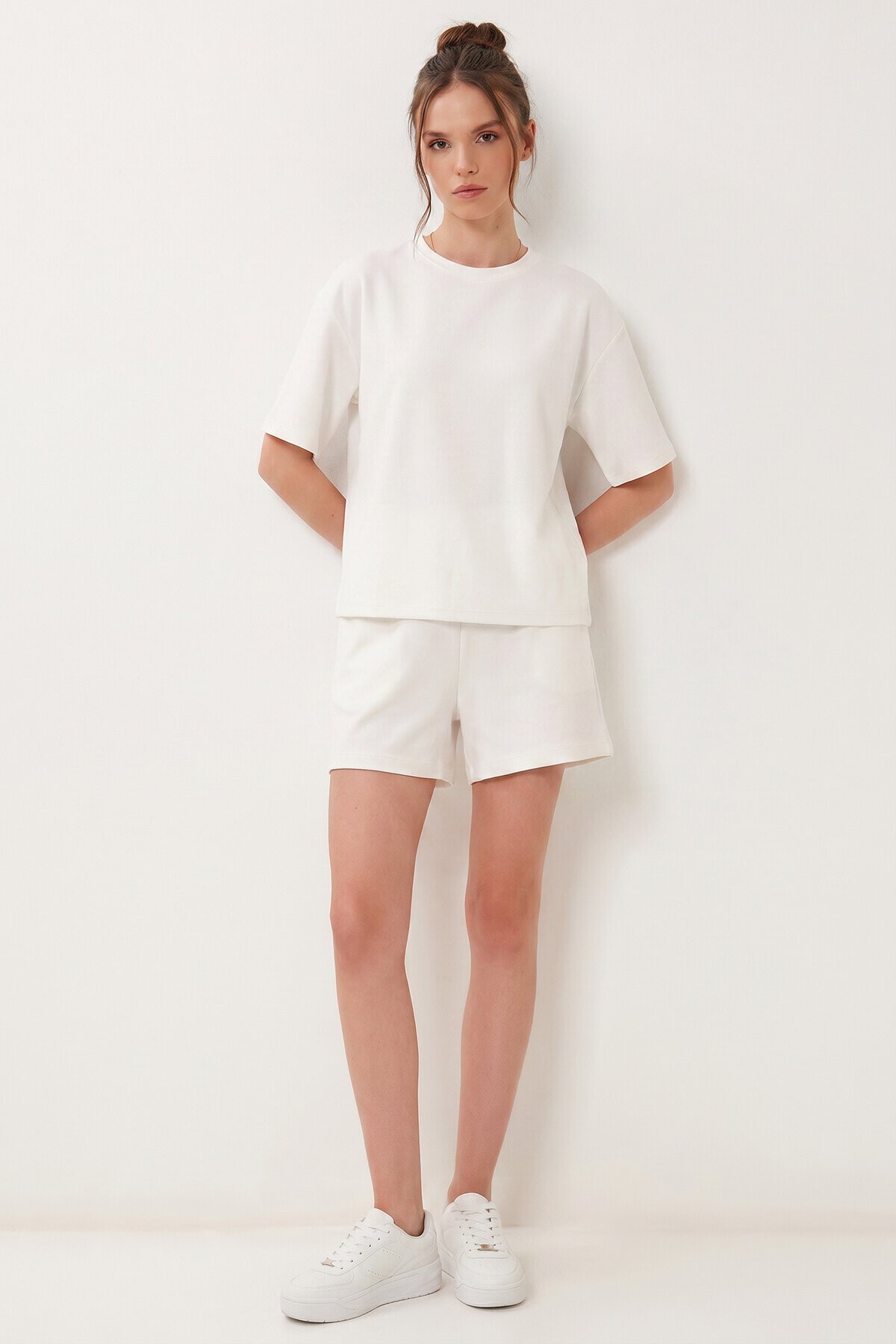 Modal Oversize T-shirt Şort Takım EKRU LUB0379