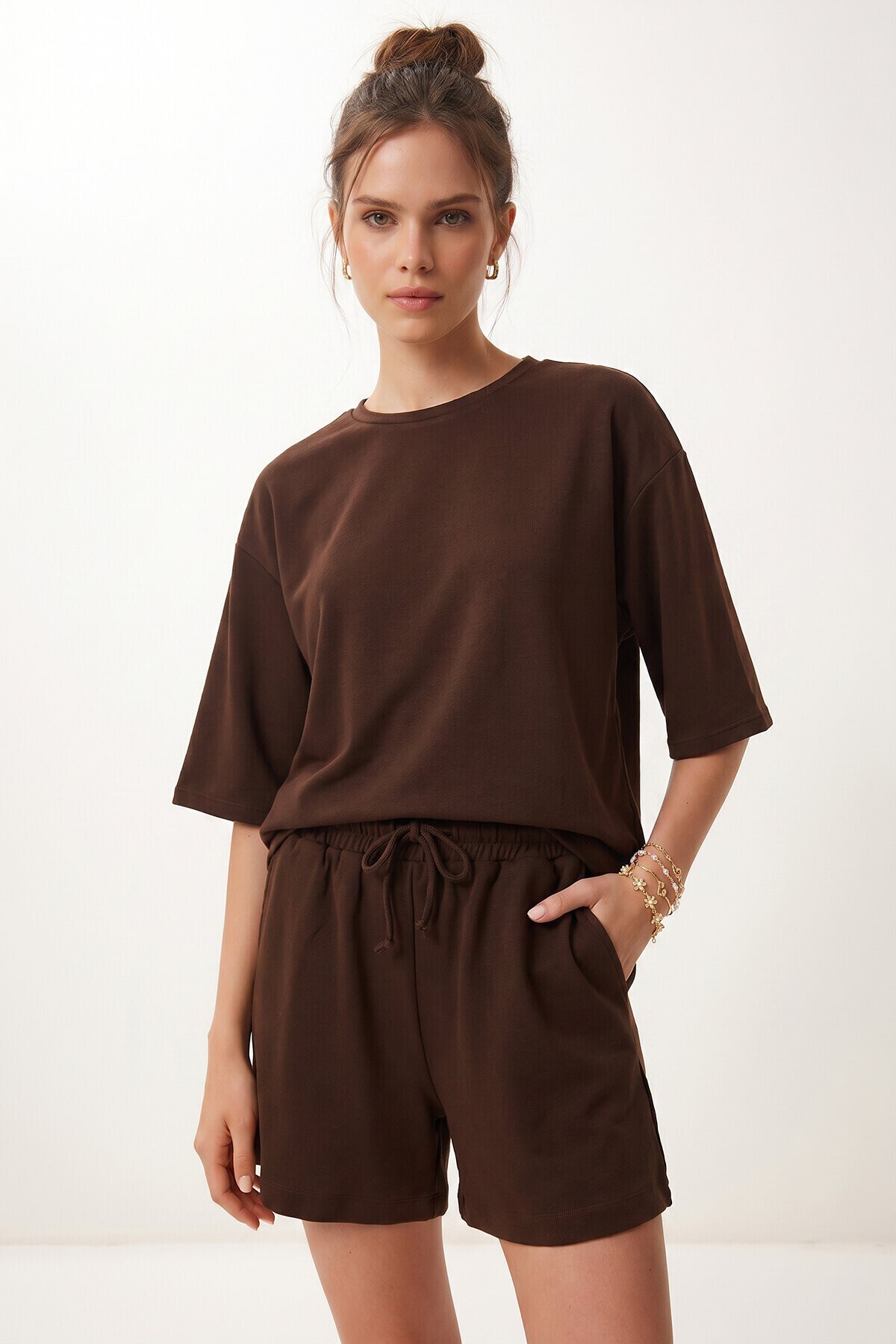 Modal Oversize T-shirt Şort Takım KAHVERENGİ LUB0379