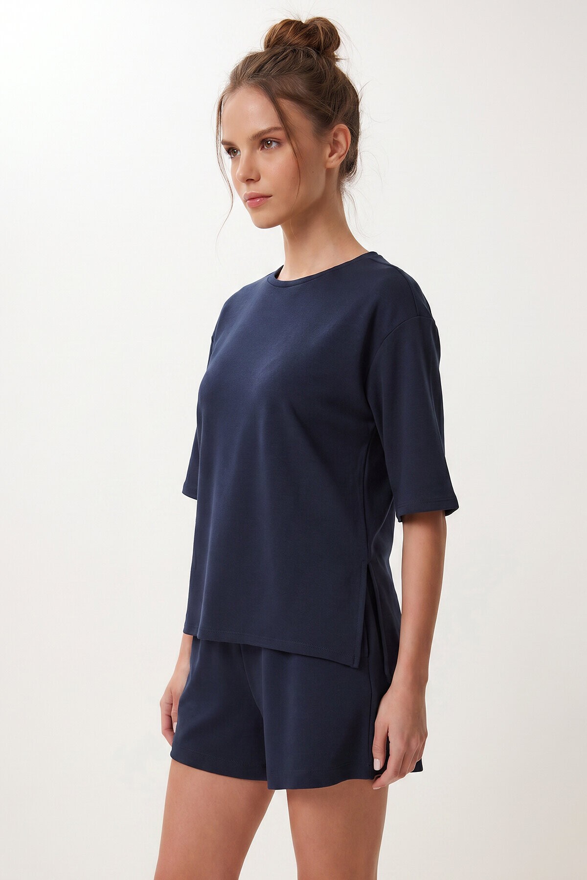 Modal Oversize T-shirt Şort Takım LACİVERT LUB0379