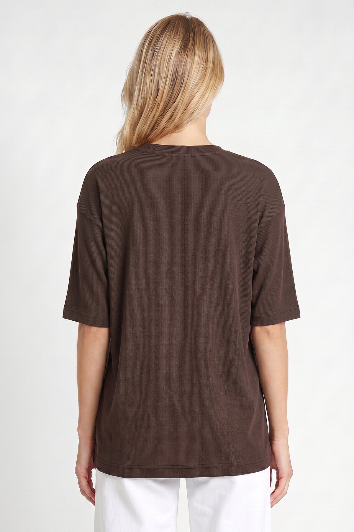 Oversize Basic Fitilli Modal T-shirt ACI KAHVE LUB0361