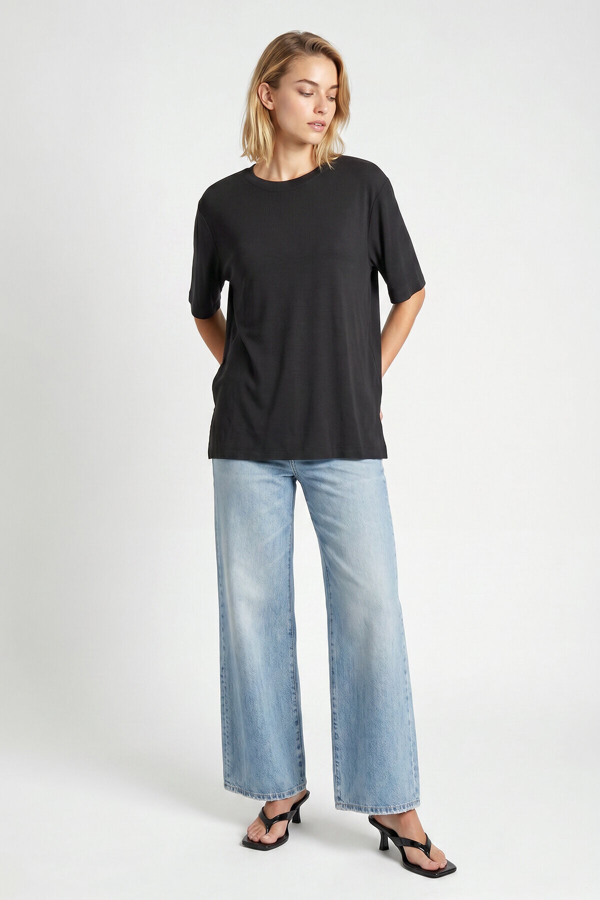 Oversize Basic Fitilli Modal T-shirt ANTRASİT LUB0361
